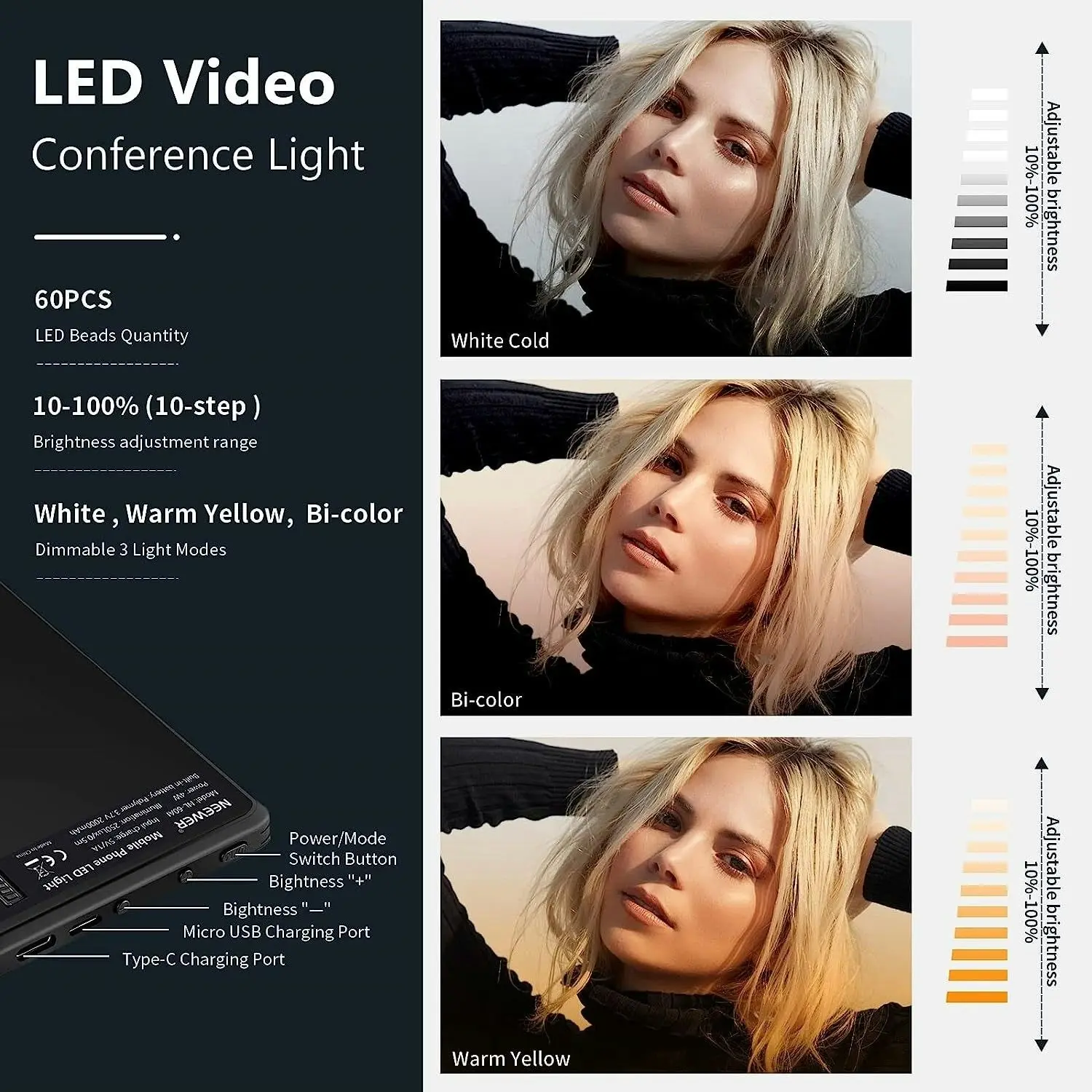 LED Selfie Light, 60 LED 2000mAh Rechargeable, 3 Light Modes, Phone/Tablet/Laptop Clip On, Zoom Call TikTok Video Fill Light