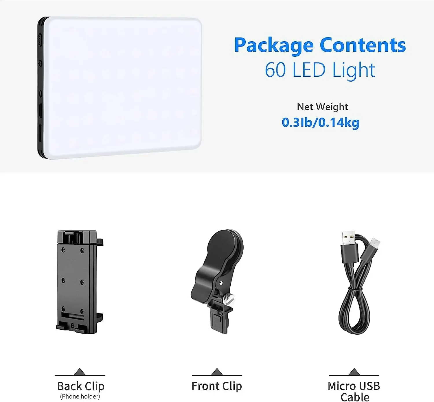 LED Selfie Light, 60 LED 2000mAh Rechargeable, 3 Light Modes, Phone/Tablet/Laptop Clip On, Zoom Call TikTok Video Fill Light