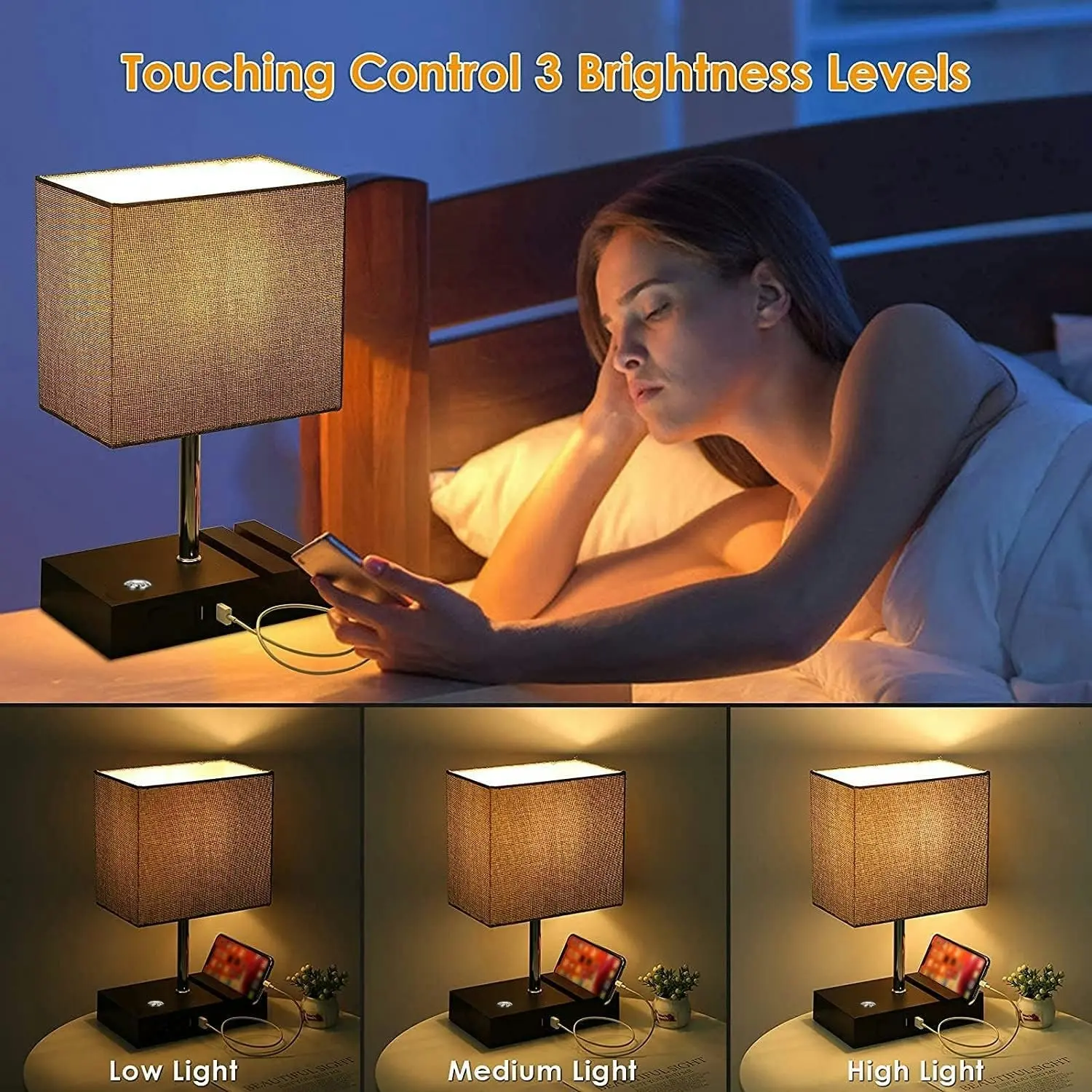 Dimmable Table Lamp for Bedroom, Touch Control, USB C+A, Phone Stand, Small Desk Lamp, LED Bulb Included