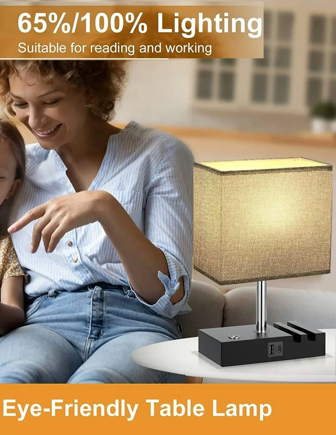 Dimmable Table Lamp for Bedroom, Touch Control, USB C+A, Phone Stand, Small Desk Lamp, LED Bulb Included