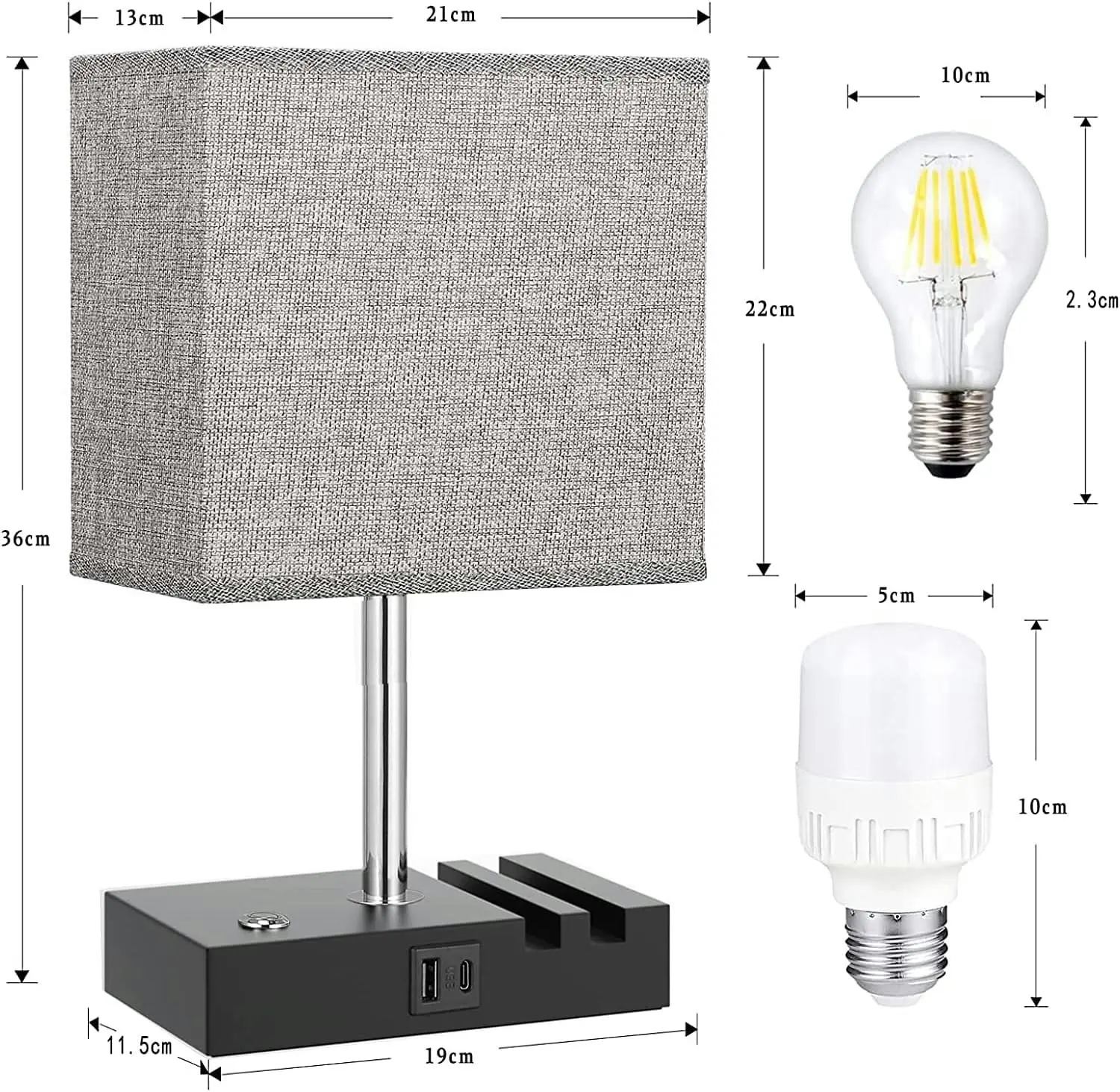 Dimmable Table Lamp for Bedroom, Touch Control, USB C+A, Phone Stand, Small Desk Lamp, LED Bulb Included