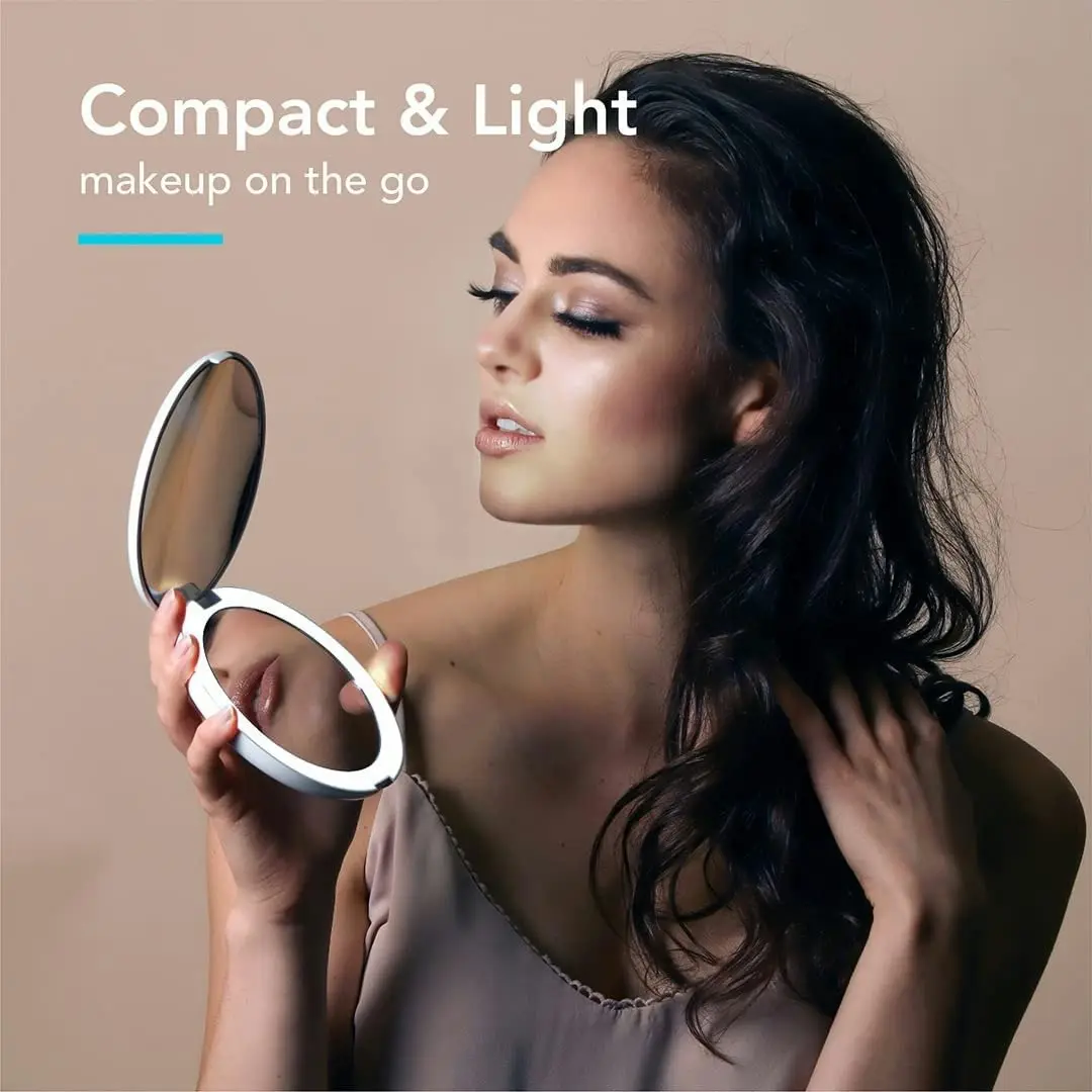 LED Lighted Travel Makeup Mirror 1x 10x Magnification Daylight LED Compact Portable