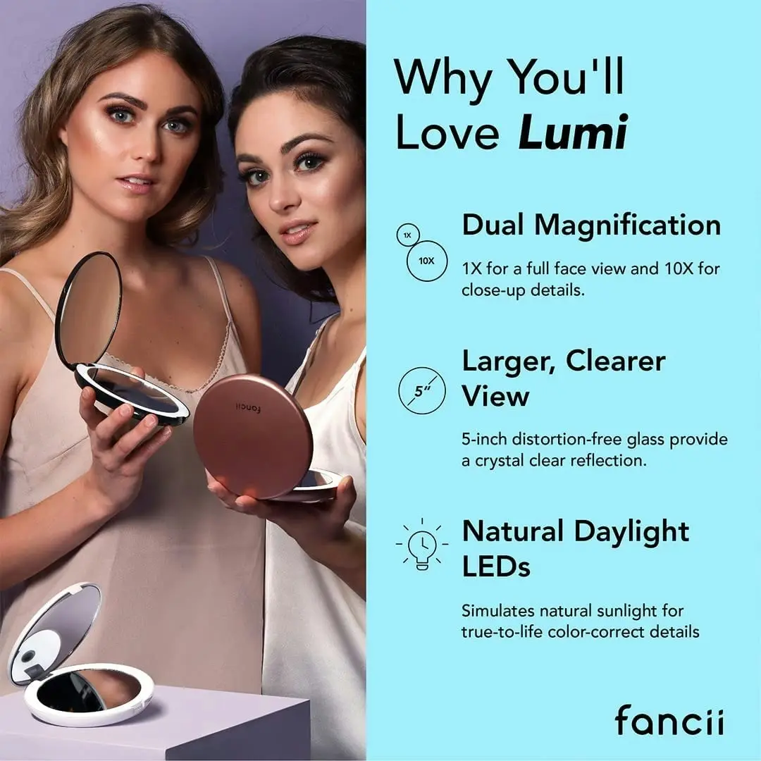 LED Lighted Travel Makeup Mirror 1x 10x Magnification Daylight LED Compact Portable