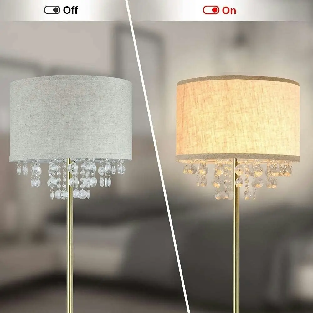 LED Floor Lamp Living Room Crystal Elegant Standing Lamp Kids Bedroom Mid Century Modern Farmhouse Rooms Tall Pole Fabric Drum Shade Brass E27 Warm Light