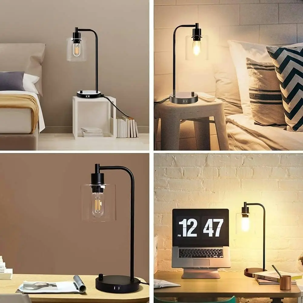 Industrial Desk Lamp USB Charging Port Modern Dimmable Bedside Nightstand Lamp Glass Shade Bedroom Living Room Office Bulb Included Black