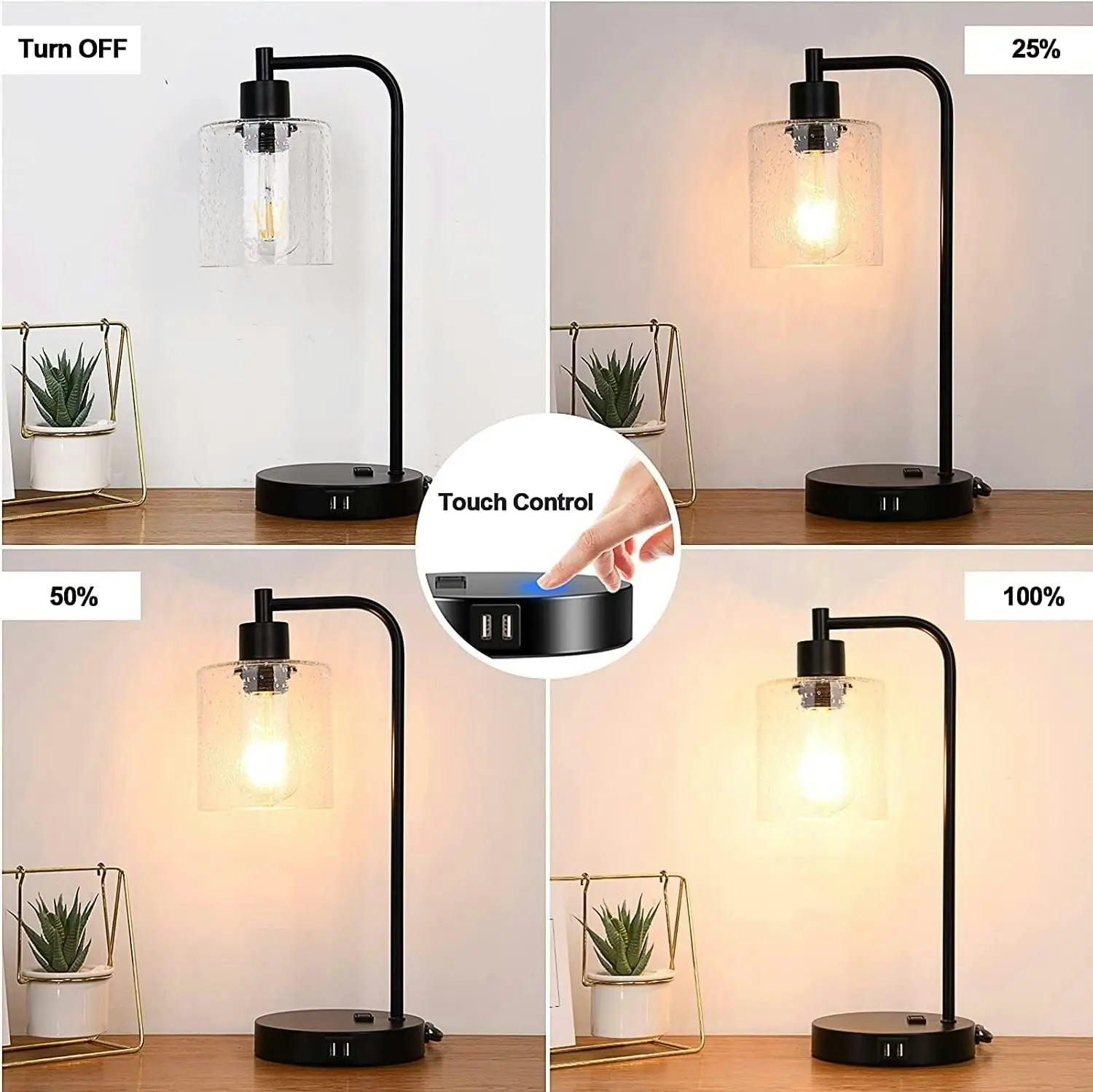 Industrial Desk Lamp USB Charging Port Modern Dimmable Bedside Nightstand Lamp Glass Shade Bedroom Living Room Office Bulb Included Black