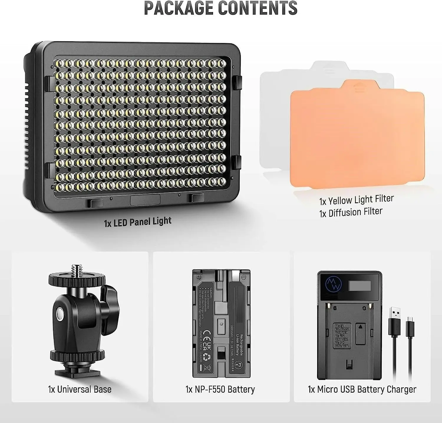 176 LED Video Light 5600K Camera Light Panel, 2600mAh Battery, USB Charger for DSLR Cameras