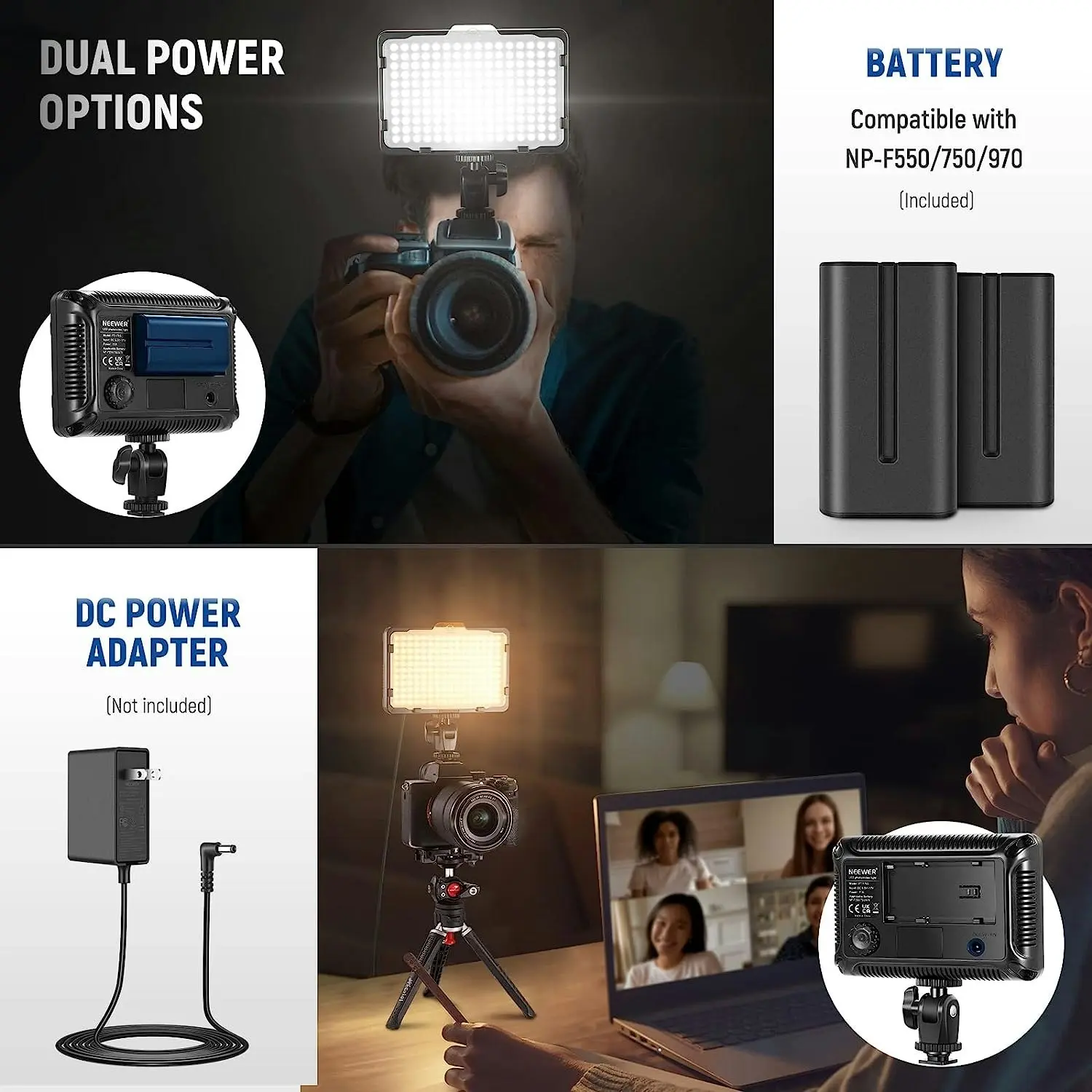 176 LED Video Light 5600K Camera Light Panel, 2600mAh Battery, USB Charger for DSLR Cameras