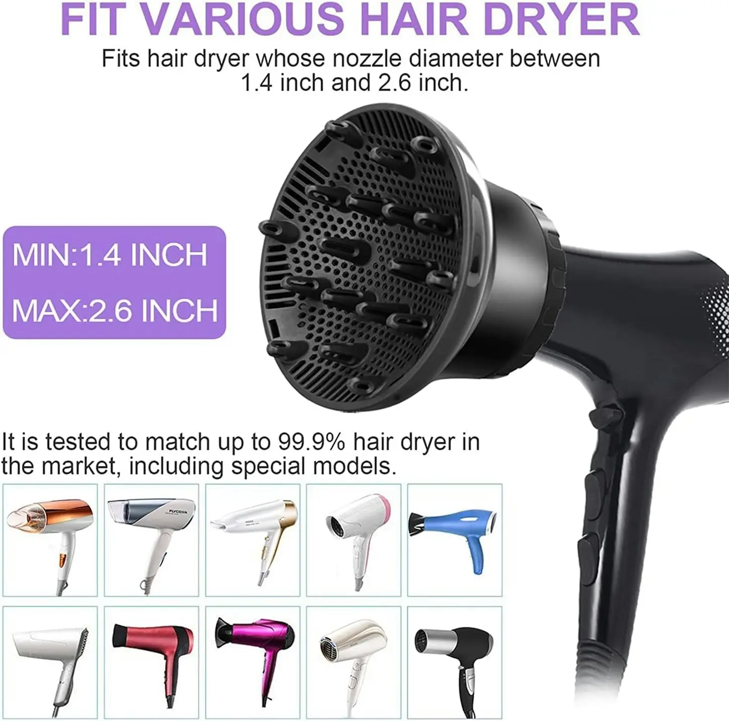 Universal Hair Diffuser, Adjustable Nozzle for Curly/Wavy Hair Styling, 3,5-6,6 cm