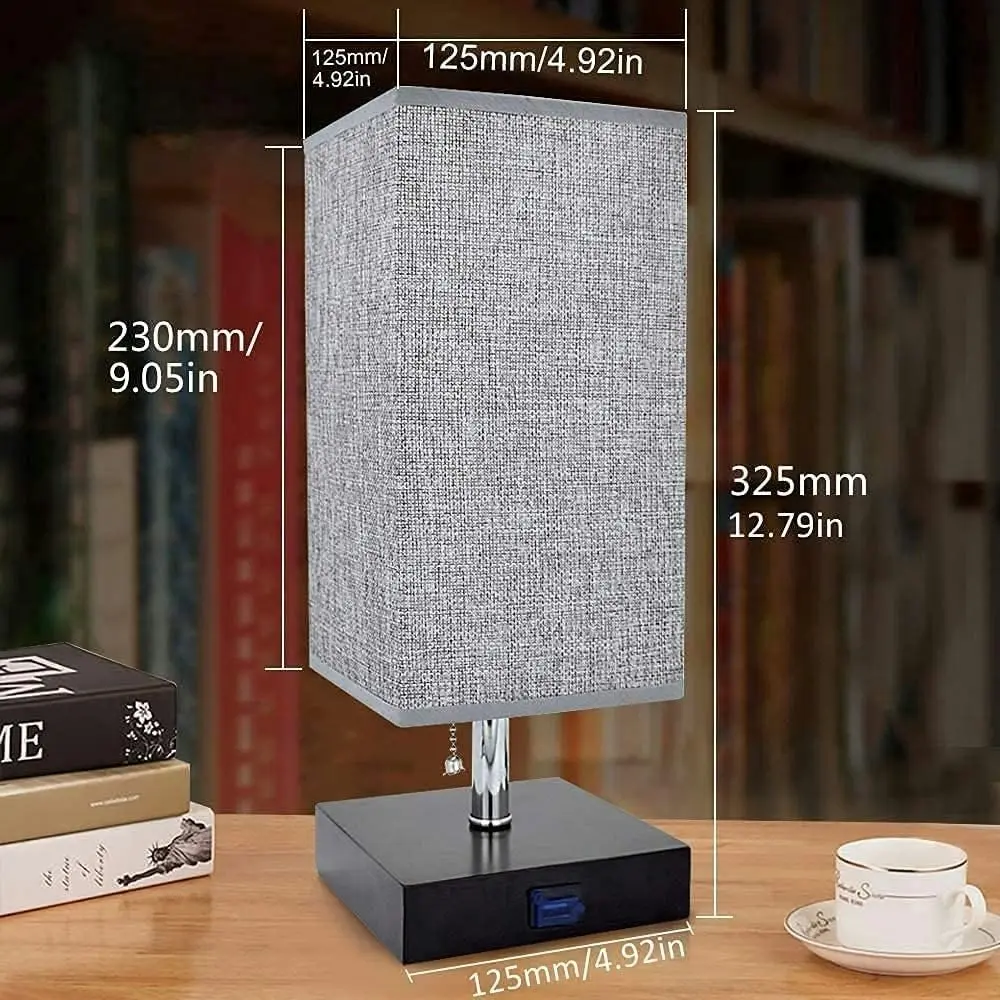 Bedside Table Lamp USB, Desk Lamp Bedroom, Living Room, Dorm, Kids Room, Hotel, Modern Grey Square Fabric Shade (Bulb Included)