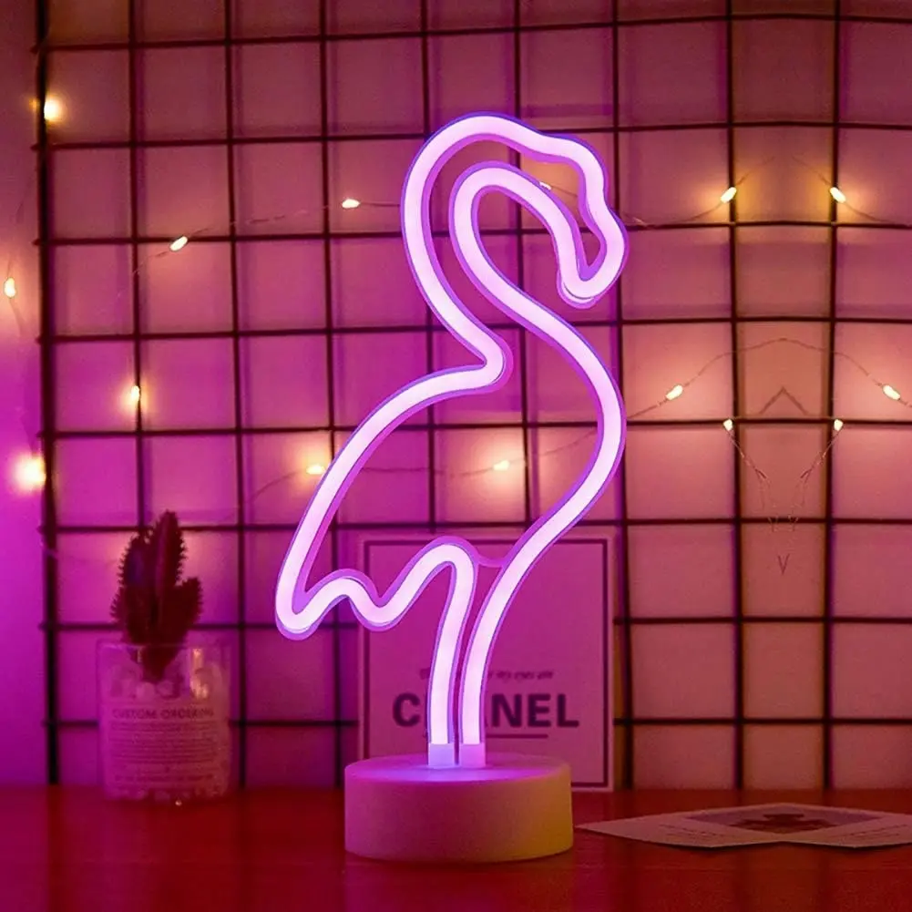 LED Flamingo Neon Light Signs - Room Decor, Pink Neon Lights, Battery Operated Light Up Sign, Bedside Table Lamps