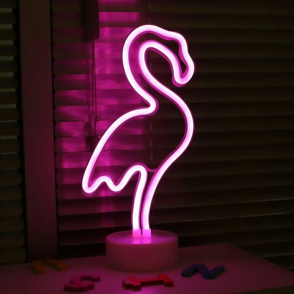 LED Flamingo Neon Light Signs - Room Decor, Pink Neon Lights, Battery Operated Light Up Sign, Bedside Table Lamps