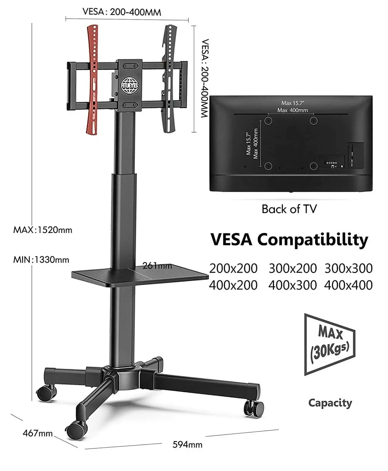 Adjustable Mobile TV Stand with Wheels for 27-55 inch