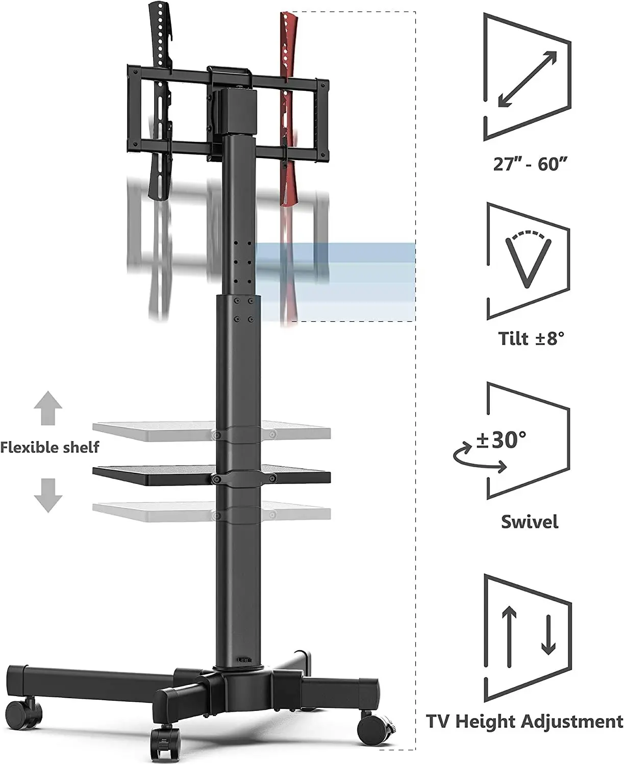 Adjustable Mobile TV Stand with Wheels for 27-55 inch