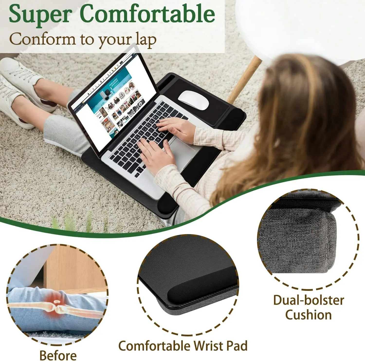 Portable Laptop Desk with Device Ledge, Mouse Pad and Phone Holder for Home Office (Black, 43cm)