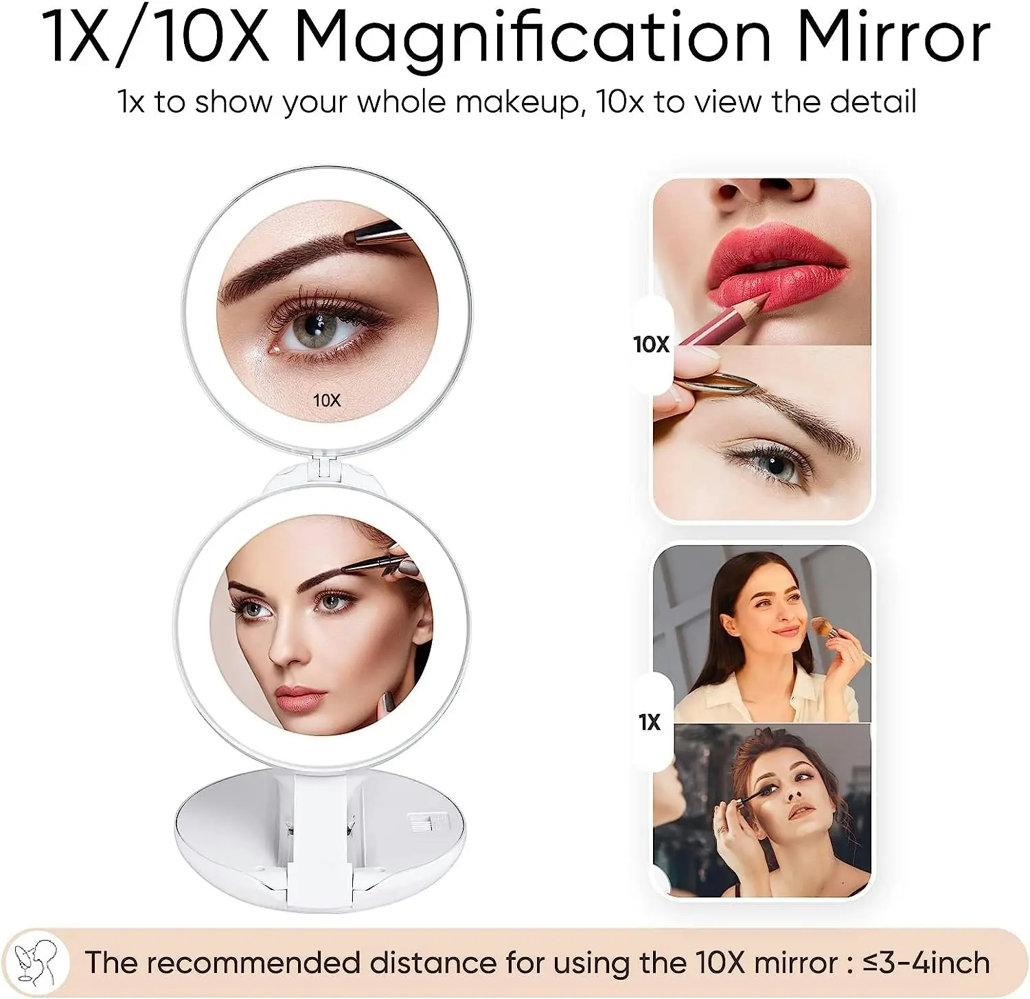 Rechargeable Travel Makeup Mirror Light, 1X/10X Magnifying LED Lighted Double Sided Folding Vanity Mirror Daylight Portable