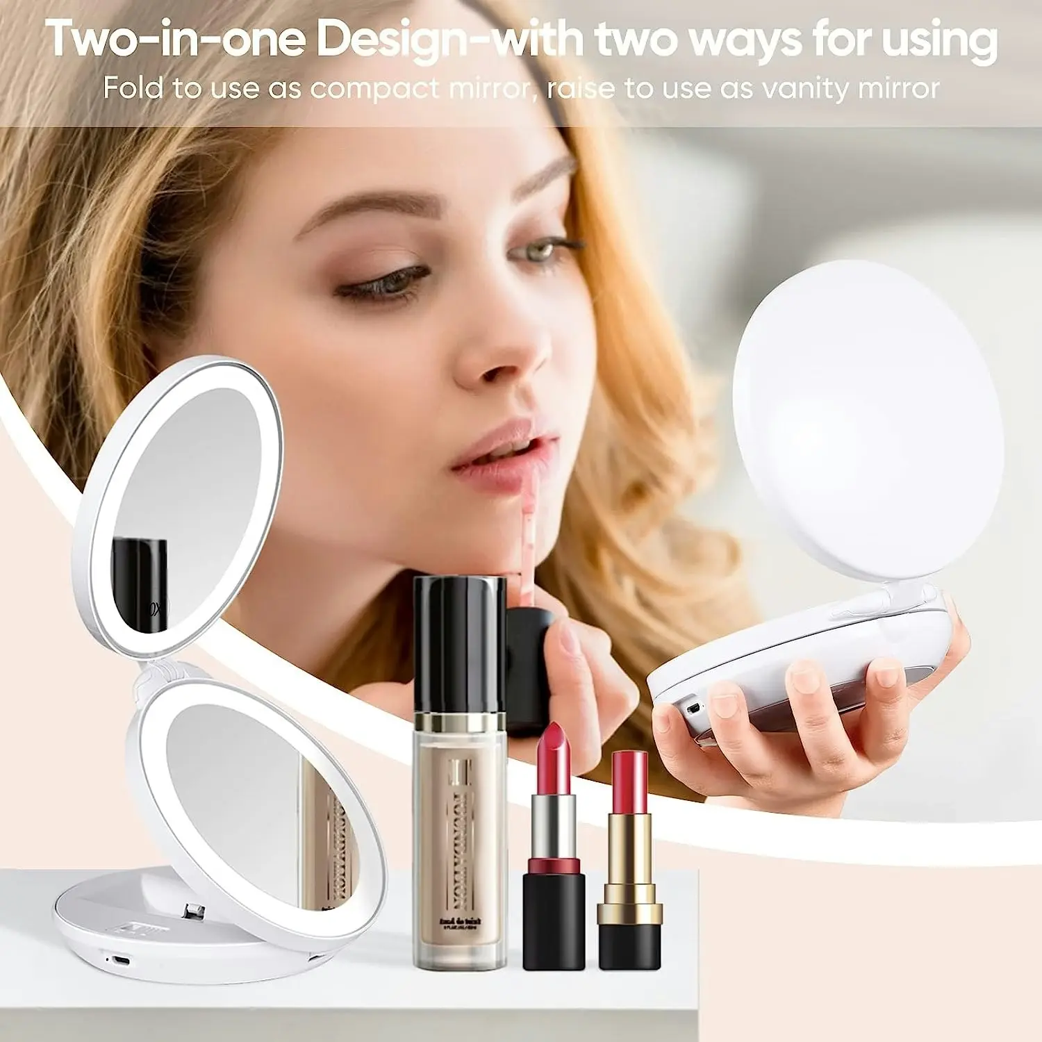 Rechargeable Travel Makeup Mirror Light, 1X/10X Magnifying LED Lighted Double Sided Folding Vanity Mirror Daylight Portable