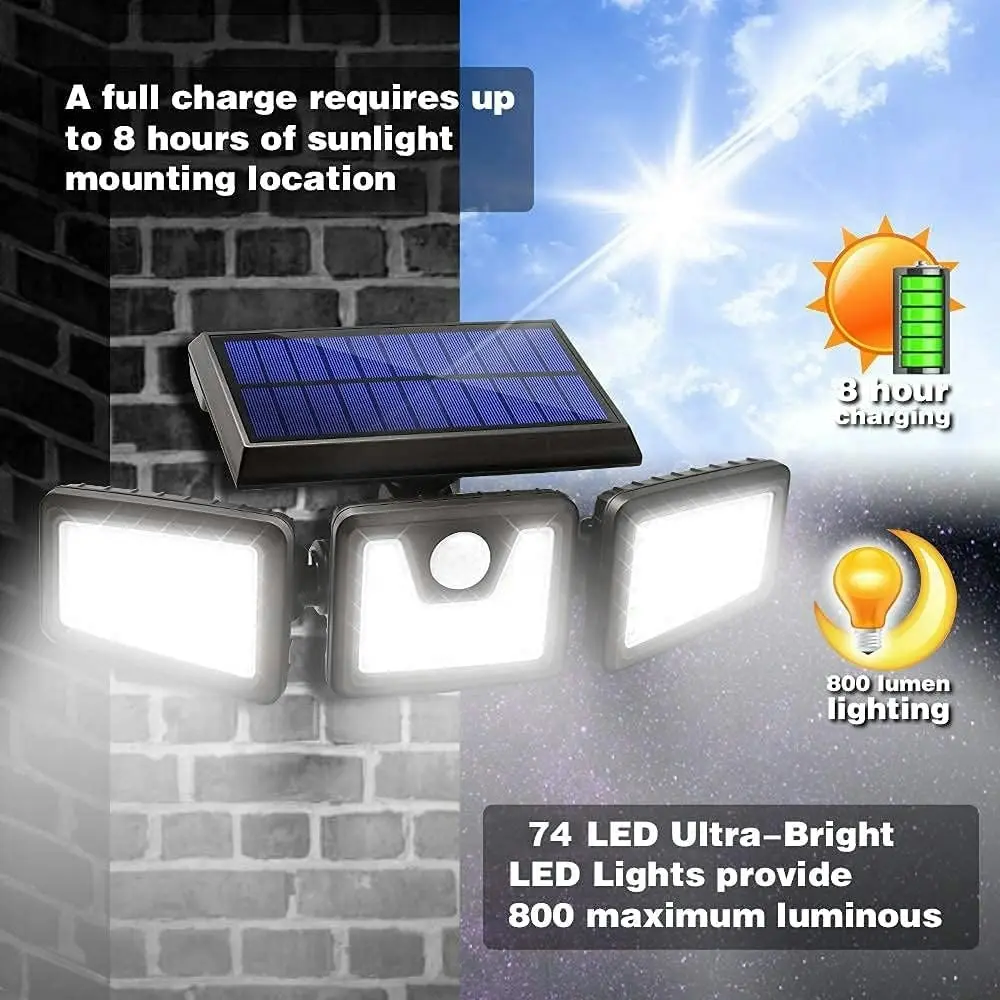 Solar Lights Outdoor 800Lumens 74 LED Motion Sensor, 3 Heads, 270Ã‚Â° Angle, IP65 Waterproof, LED Flood Light Porch Garden Patio