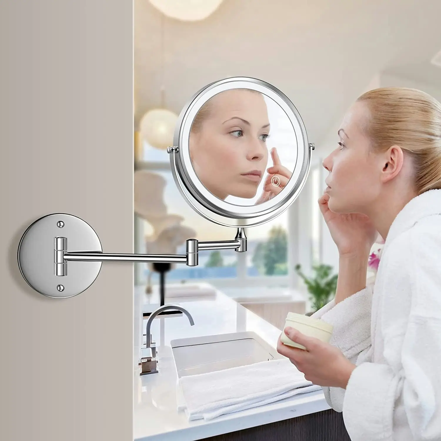 LED Makeup Mirror Wall Mounted 20cm 1X/10X Magnification 3 Color Lights Touch Screen Dimmable 360Ã‚Â°Swivel 33 cm Extendable