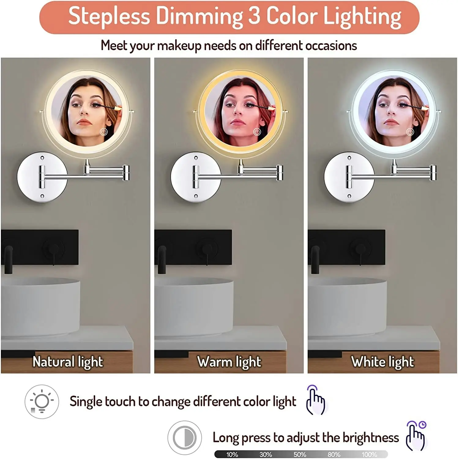 LED Makeup Mirror Wall Mounted 20cm 1X/10X Magnification 3 Color Lights Touch Screen Dimmable 360Ã‚Â°Swivel 33 cm Extendable