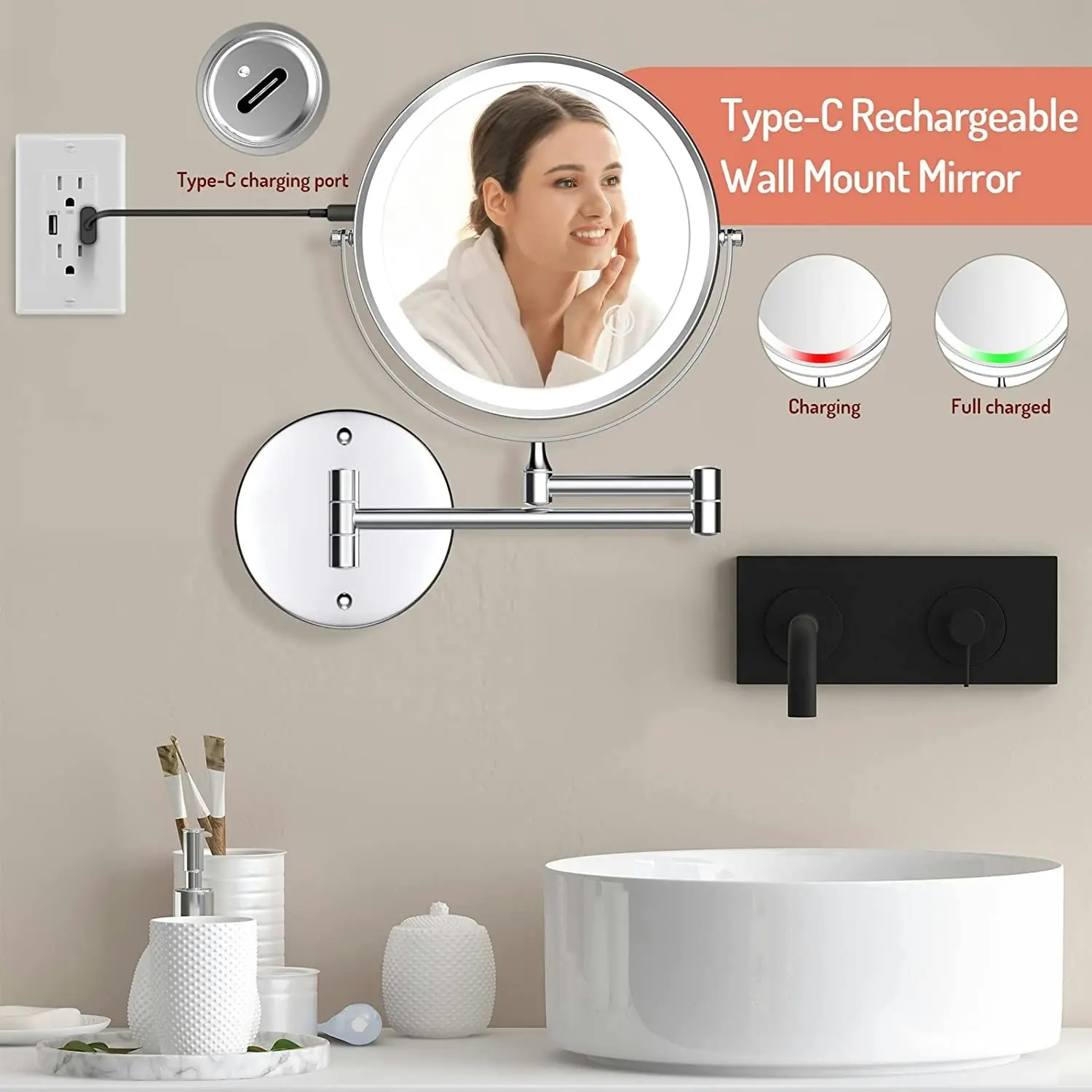 LED Makeup Mirror Wall Mounted 20cm 1X/10X Magnification 3 Color Lights Touch Screen Dimmable 360Ã‚Â°Swivel 33 cm Extendable