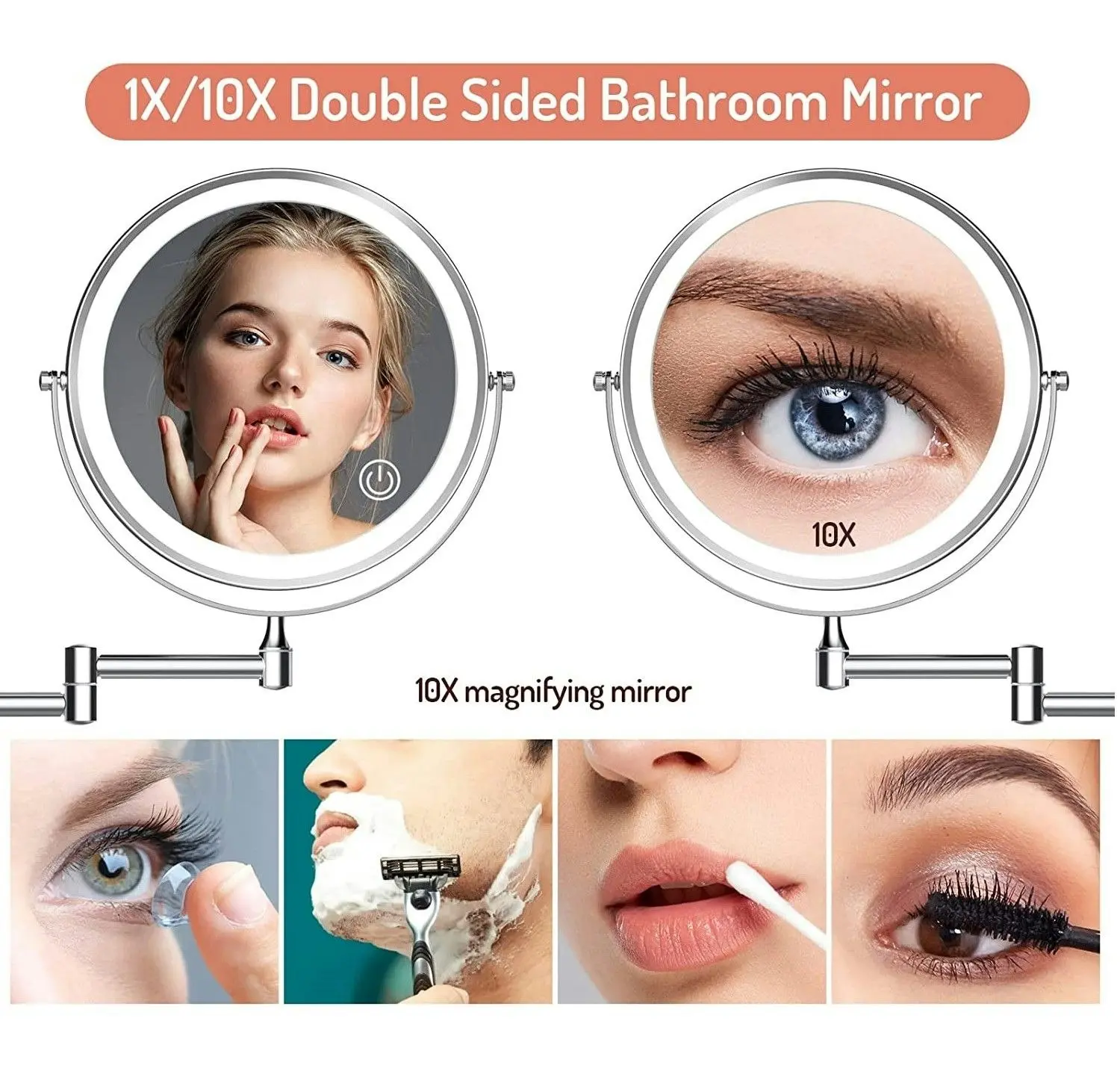 LED Makeup Mirror Wall Mounted 20cm 1X/10X Magnification 3 Color Lights Touch Screen Dimmable 360Ã‚Â°Swivel 33 cm Extendable