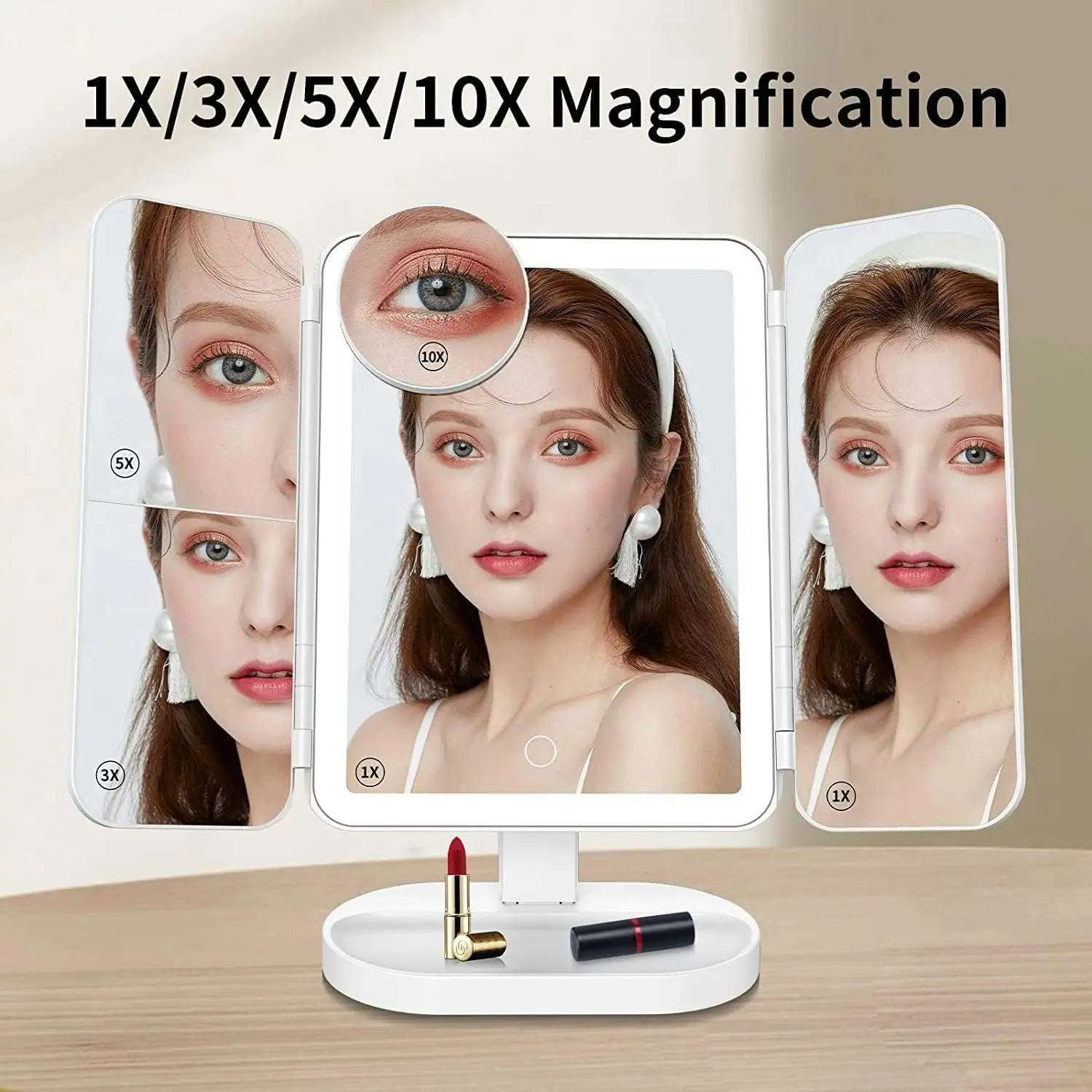 Rechargeable Trifold Makeup Mirror, 74 LED Lights, 1X/3X/5X/10X Magnifying, Cordless Lighted, 90Ã‚Â°and 180Ã‚Â° Free Rotation