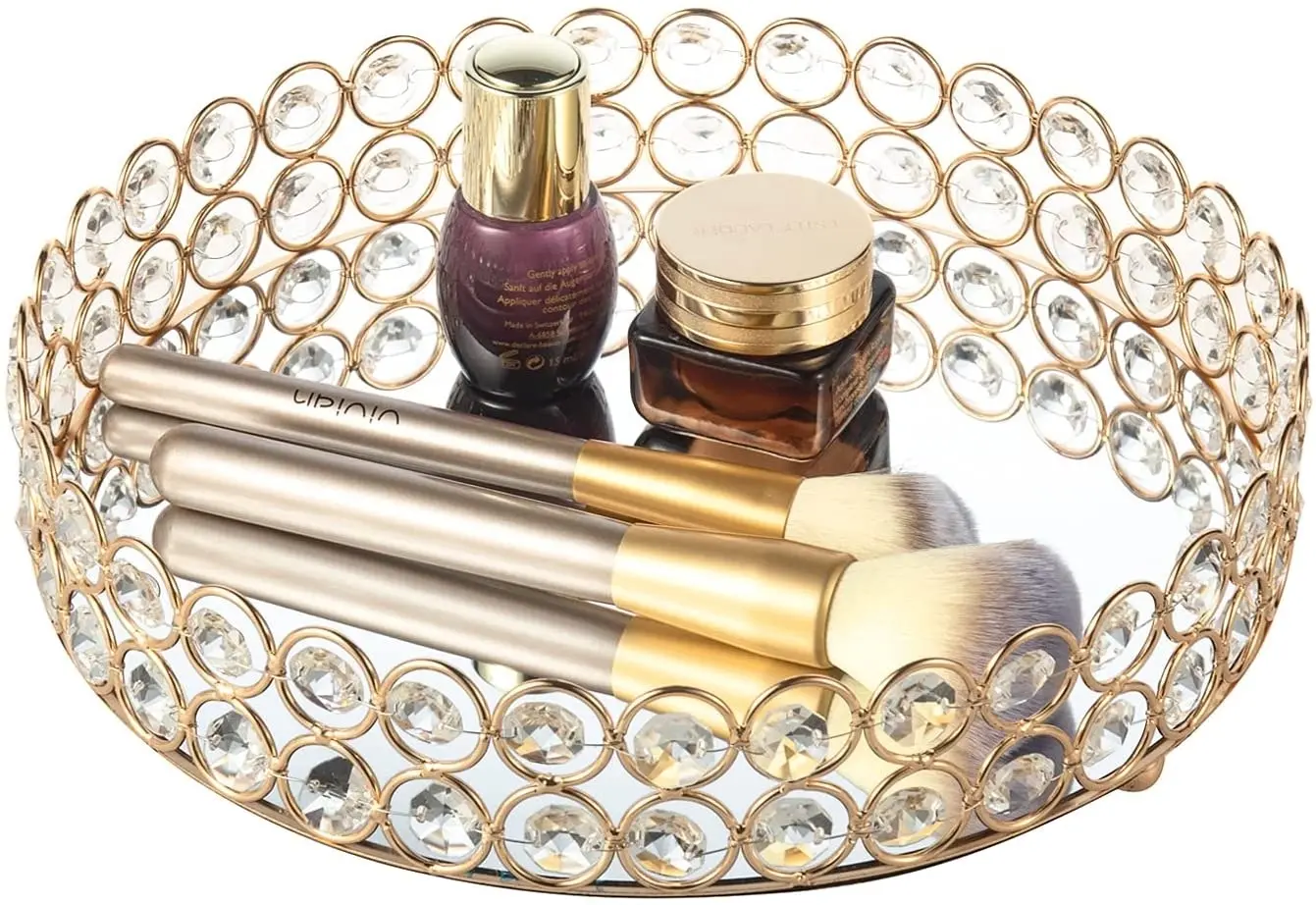 Crystal Beads Cosmetic Round Tray Jewelry Organizer (Gold)