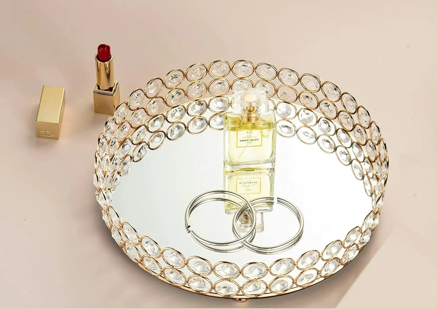 Crystal Beads Cosmetic Round Tray Jewelry Organizer (Gold)