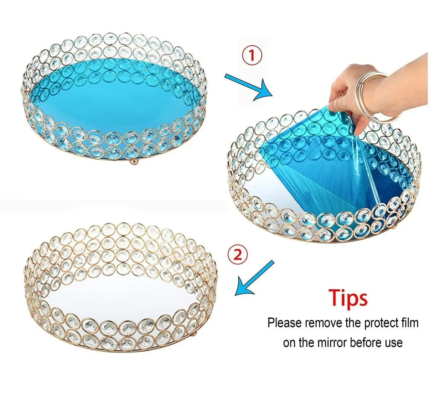 Crystal Beads Cosmetic Round Tray Jewelry Organizer (Gold)