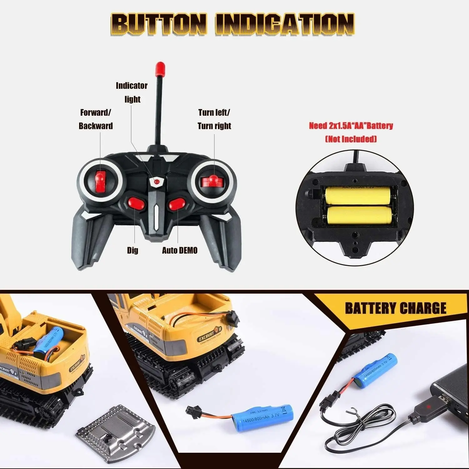 Remote Control Excavator Truck, 6 Channel Full Functional Rechargeable RC Toy Truck, 1/24 Scale