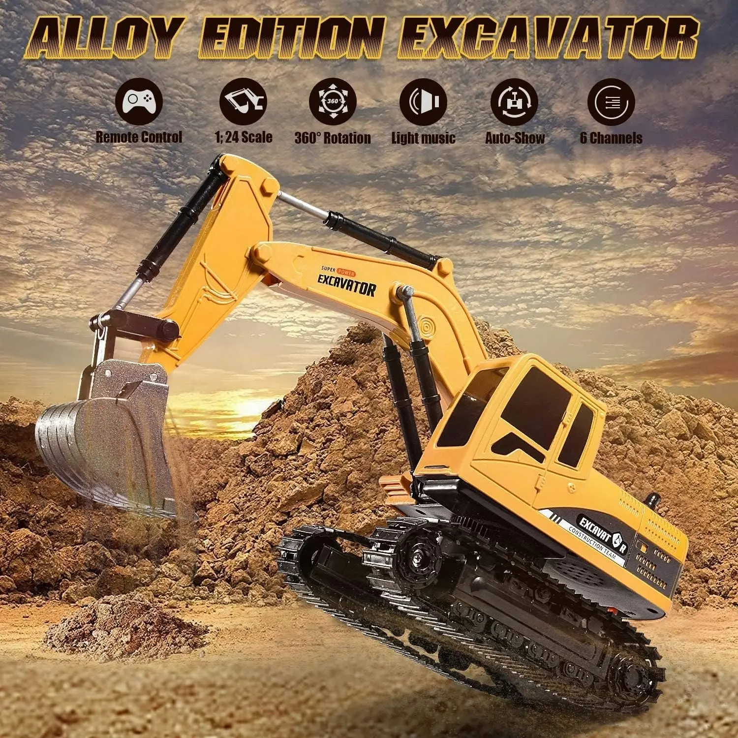 Remote Control Excavator Truck, 6 Channel Full Functional Rechargeable RC Toy Truck, 1/24 Scale