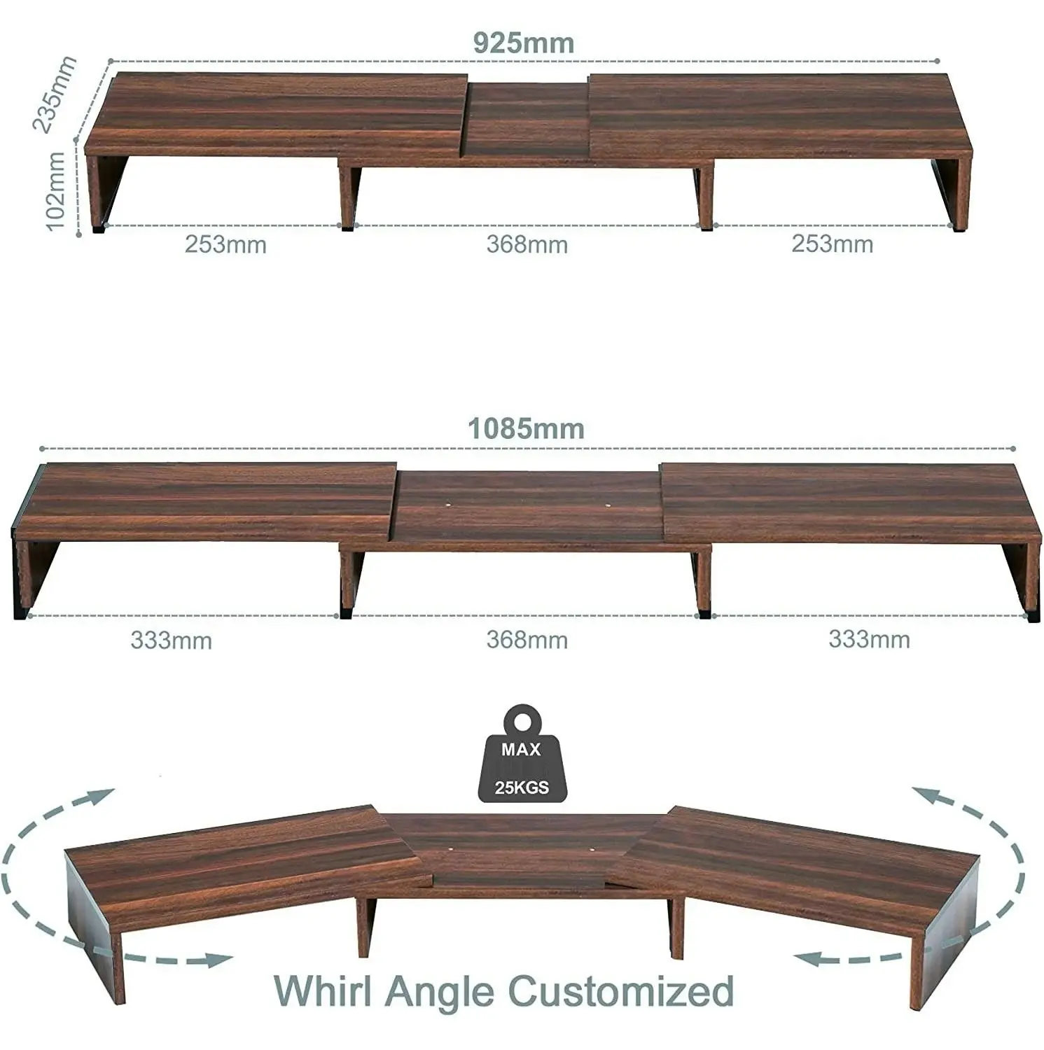 3 x Adjustable Computer monitor stand riser (Walnut Brown)