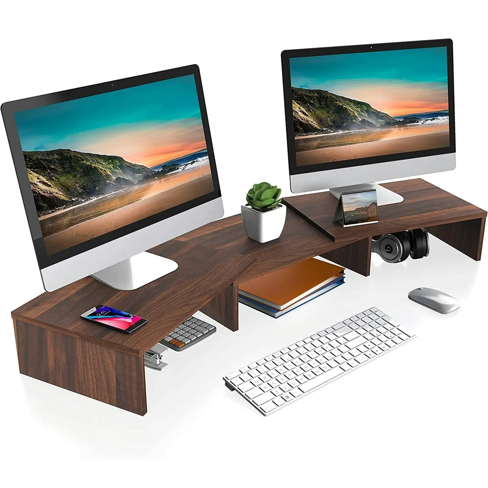 3 x Adjustable Computer monitor stand riser (Walnut Brown)