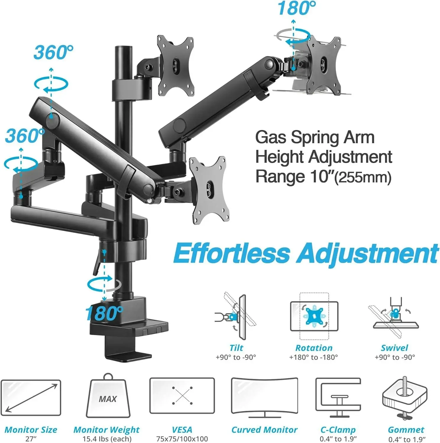 Triple Monitor Arm Desk Mount 17"-27" Full Motion Height Adjust