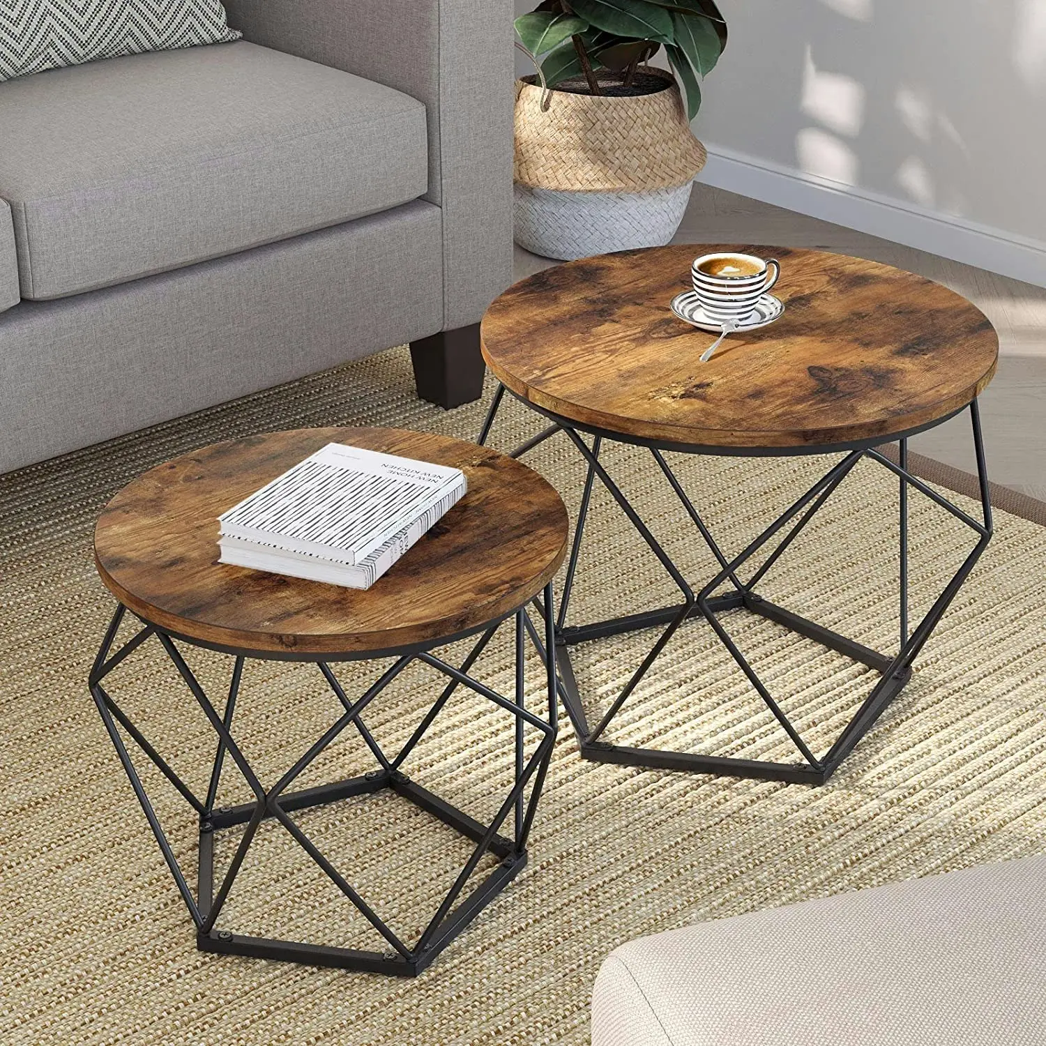 Set of 2 Side Tables Robust Steel Frame, Rustic Brown and Black