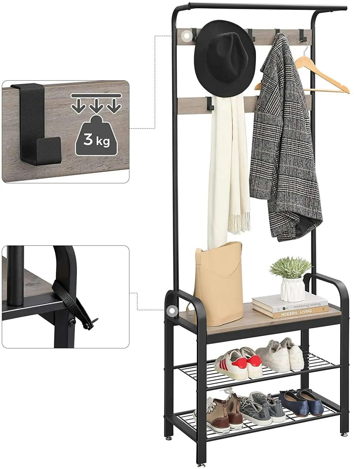 Greige and Black Steel Freestanding Coat Rack Stand with Removable Hooks, Bench and Shoe Rack, Height 183 cm