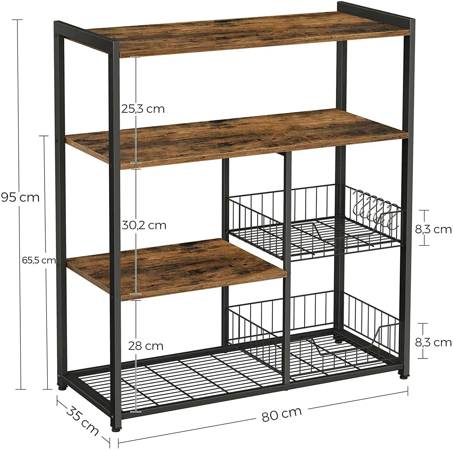 Bakers Rack with 2 Metal Mesh Baskets, Shelves and Hooks, 80 x 35 x 95 cm, Industrial Style, Rustic Brown