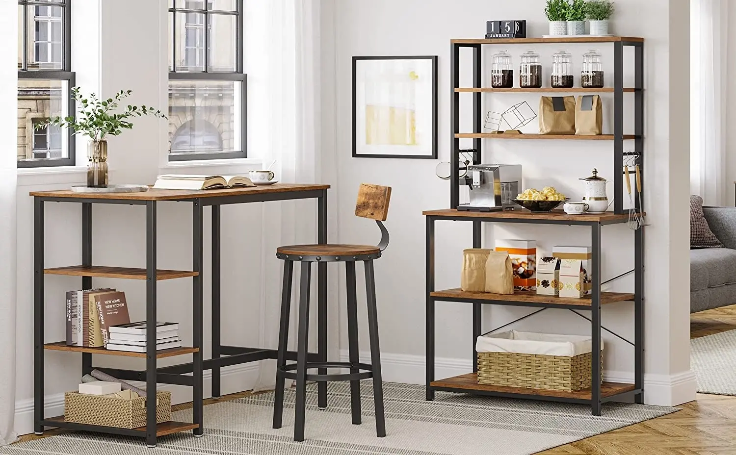 Rustic Brown and Black 6-Tier Kitchen Utility Storage Shelf - Baker's Rack with Microwave Oven Stand and 6 Hooks.