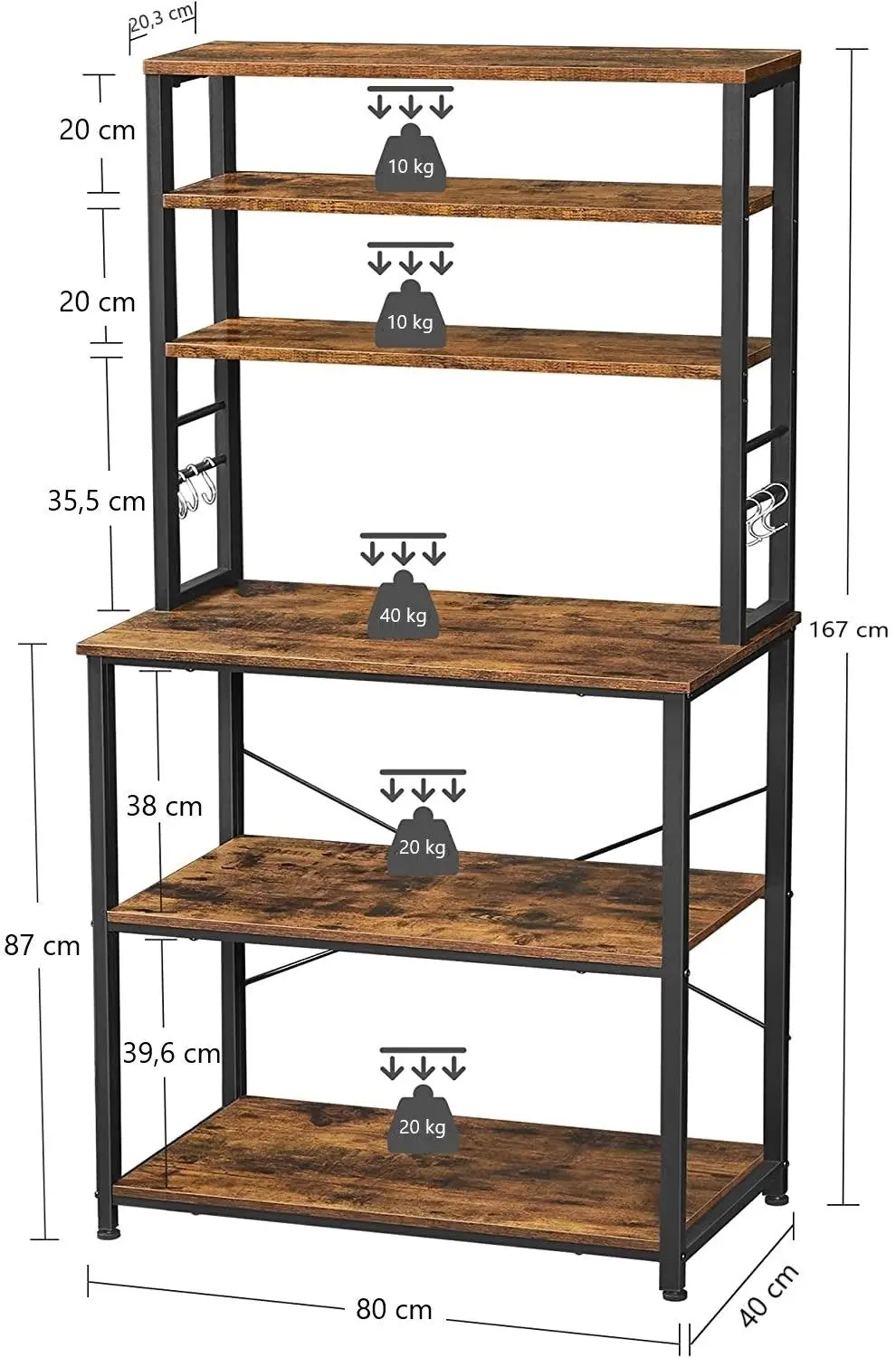 Rustic Brown and Black 6-Tier Kitchen Utility Storage Shelf - Baker's Rack with Microwave Oven Stand and 6 Hooks.