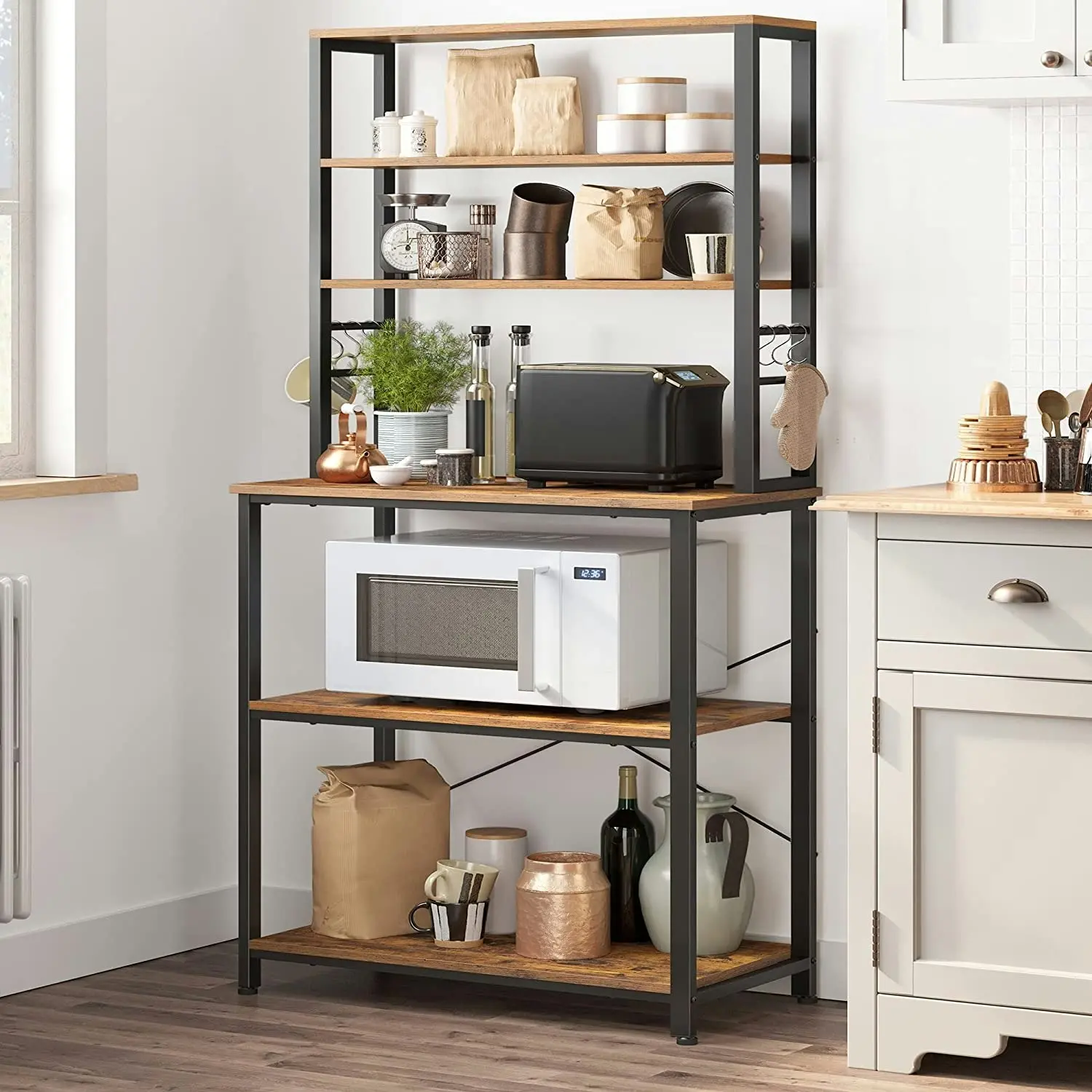 Rustic Brown and Black 6-Tier Kitchen Utility Storage Shelf - Baker's Rack with Microwave Oven Stand and 6 Hooks.