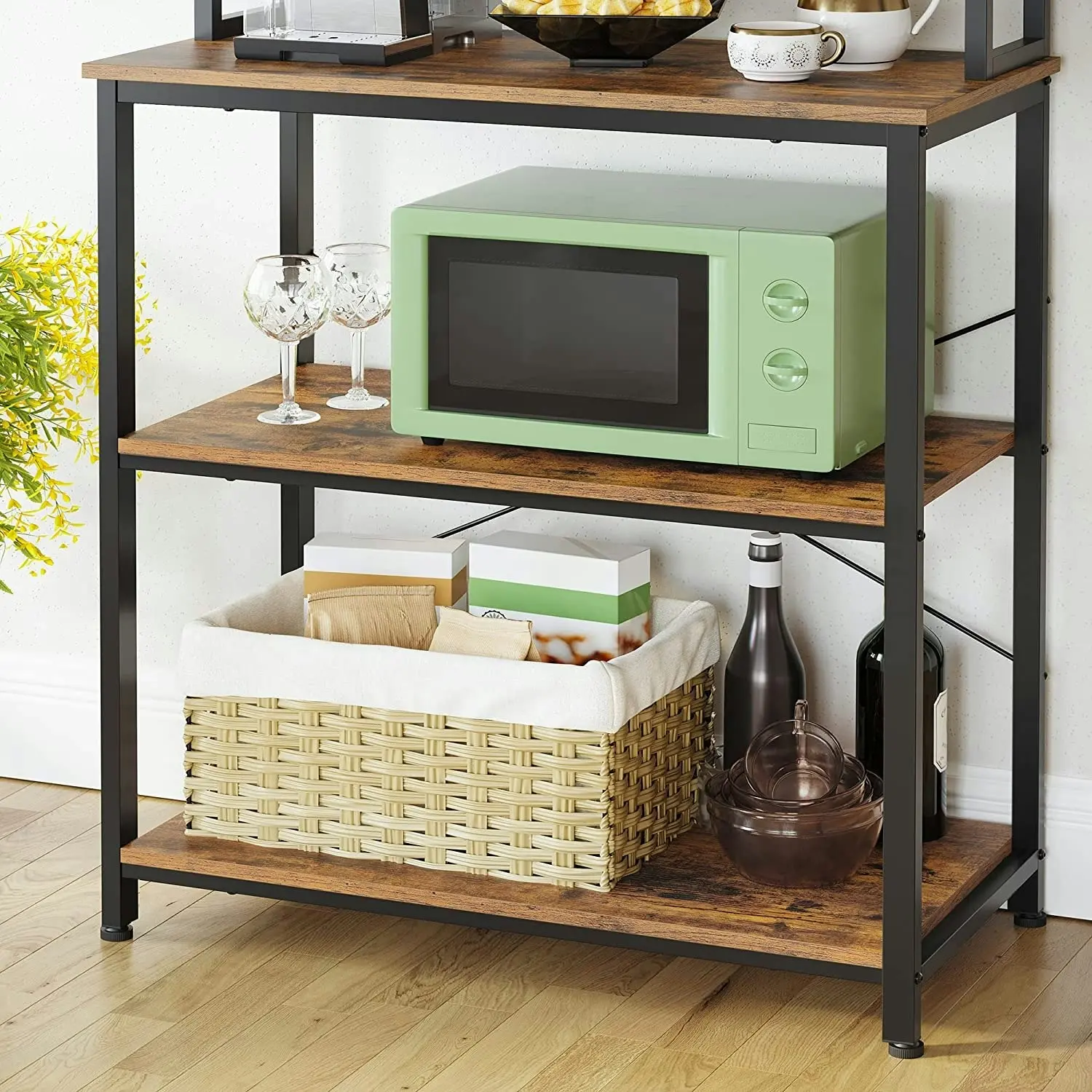 Rustic Brown and Black 6-Tier Kitchen Utility Storage Shelf - Baker's Rack with Microwave Oven Stand and 6 Hooks.