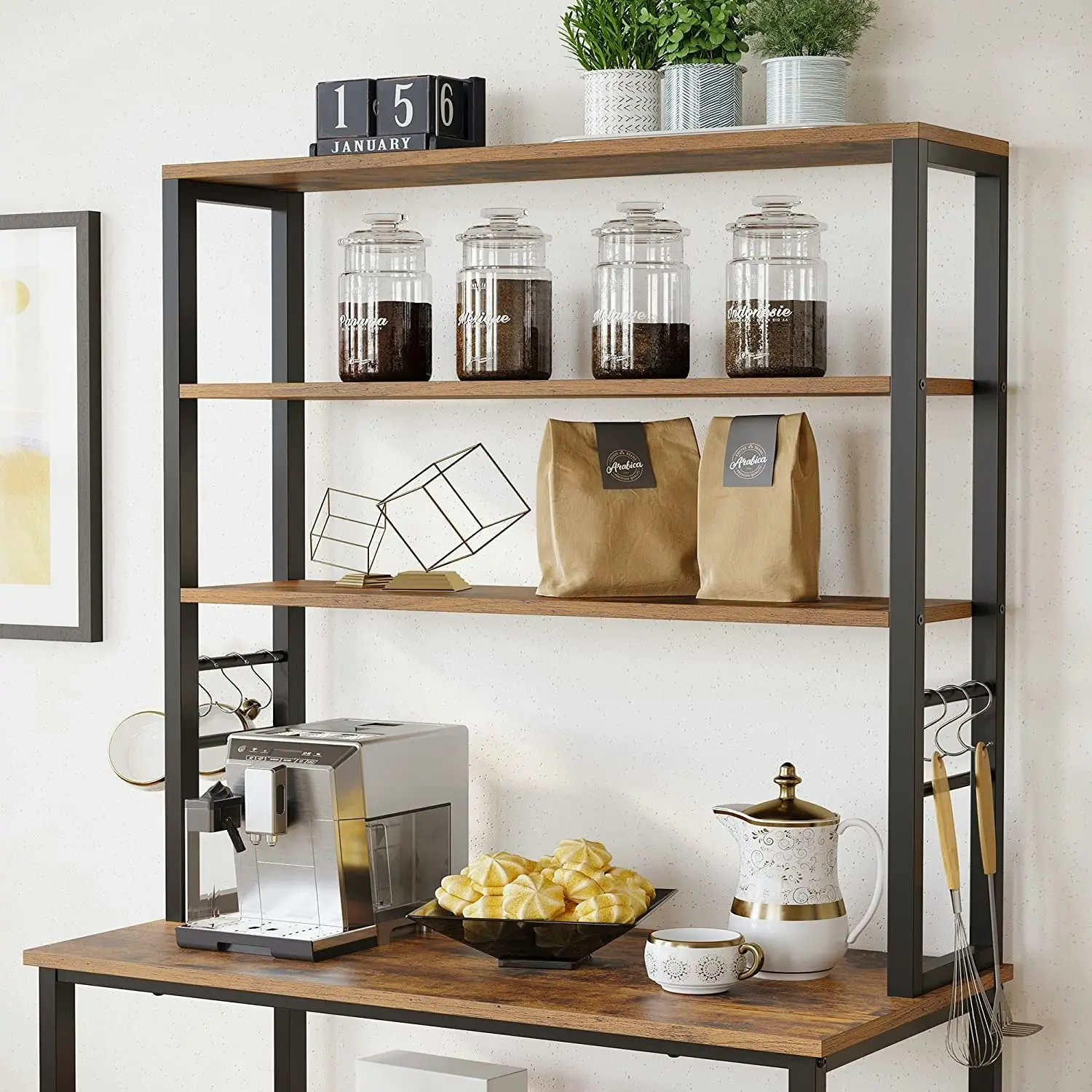 Rustic Brown and Black 6-Tier Kitchen Utility Storage Shelf - Baker's Rack with Microwave Oven Stand and 6 Hooks.