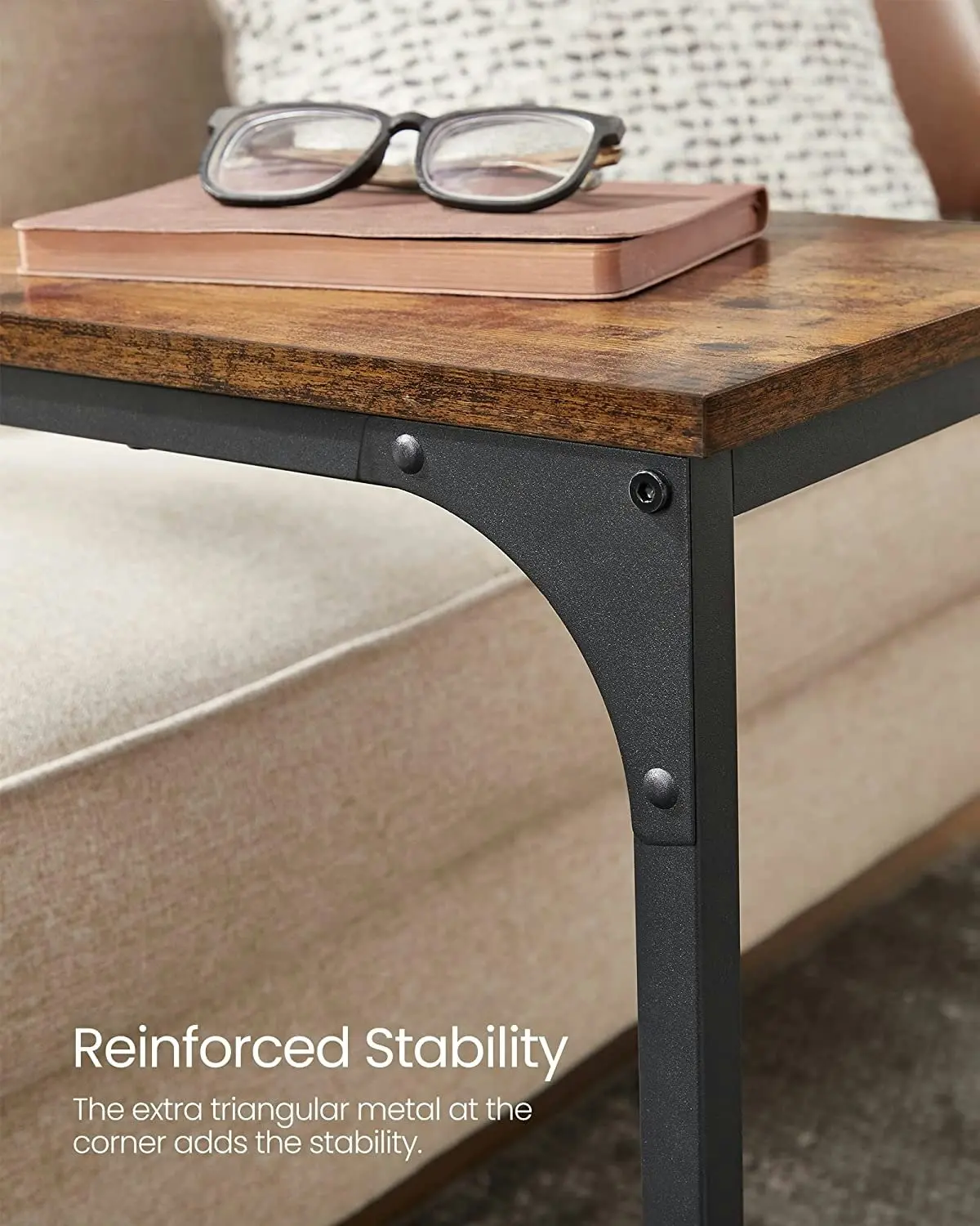 Rustic Brown and Black C-Shaped End Table - Industrial Sofa Side Table