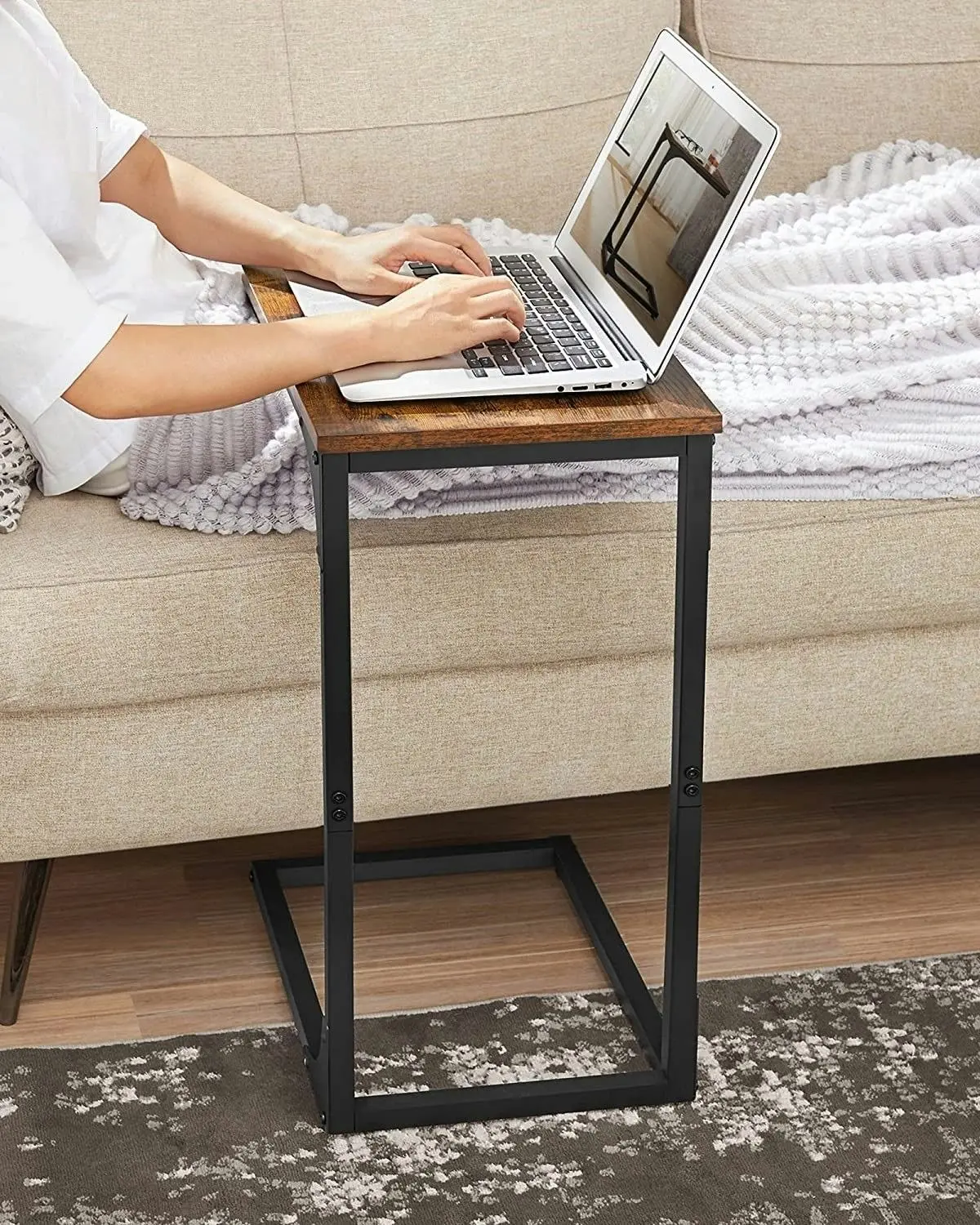 Rustic Brown and Black C-Shaped End Table - Industrial Sofa Side Table