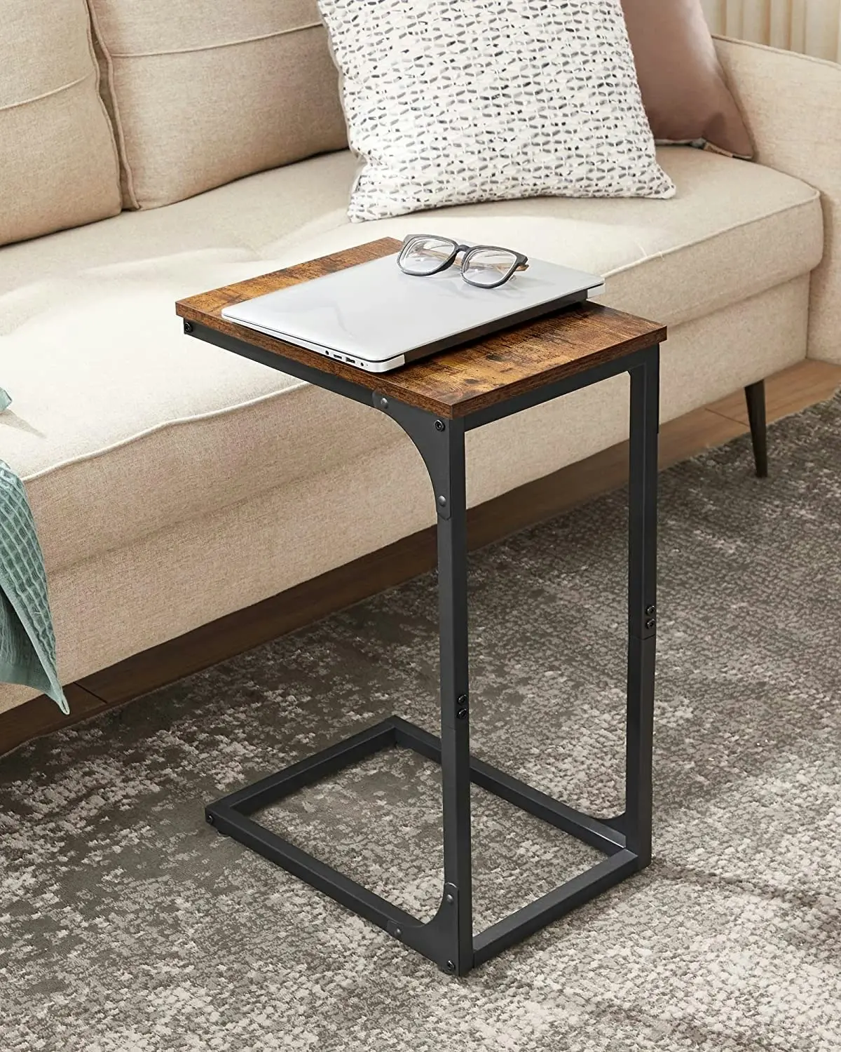 Rustic Brown and Black C-Shaped End Table - Industrial Sofa Side Table