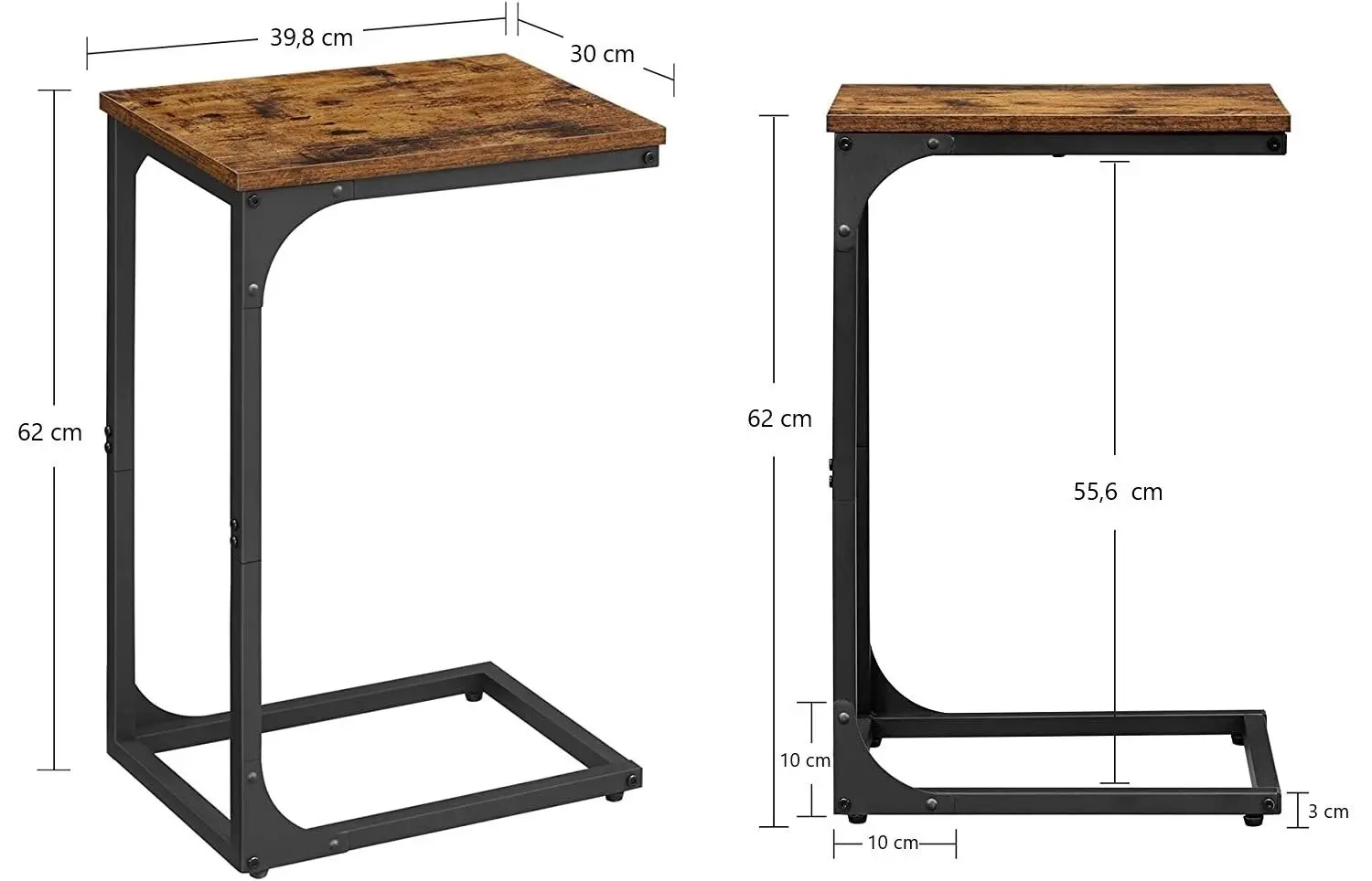 Rustic Brown and Black C-Shaped End Table - Industrial Sofa Side Table