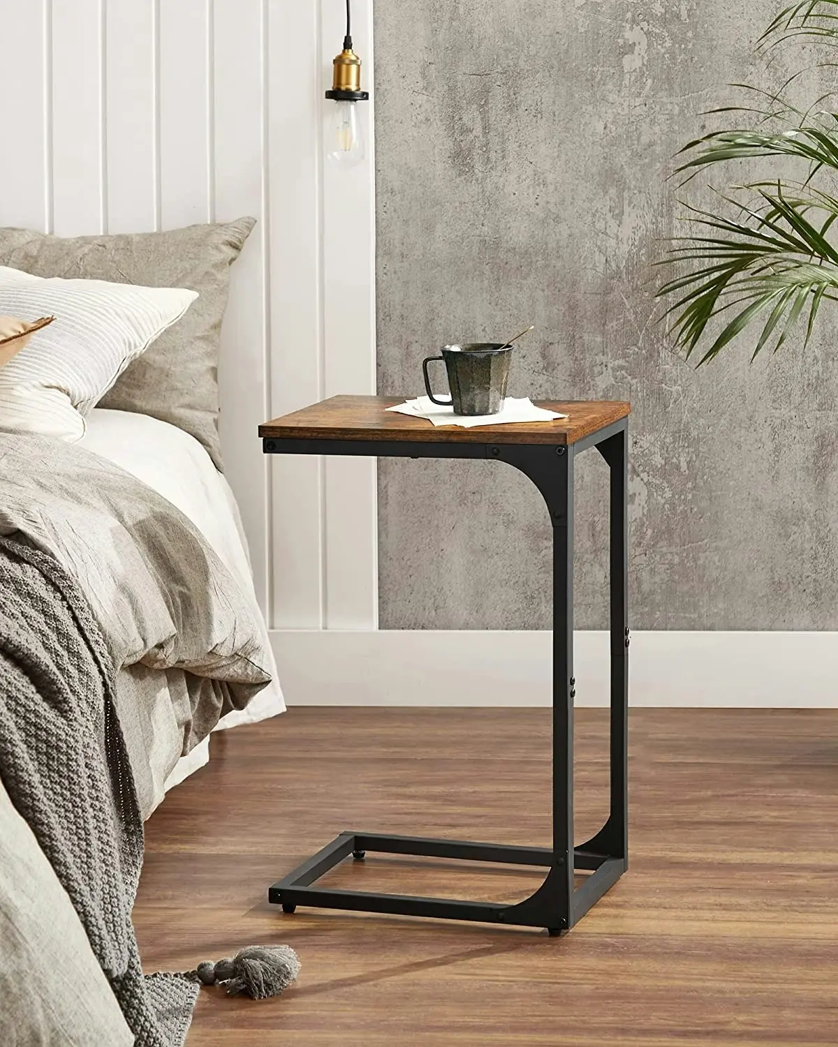 Rustic Brown and Black C-Shaped End Table - Industrial Sofa Side Table