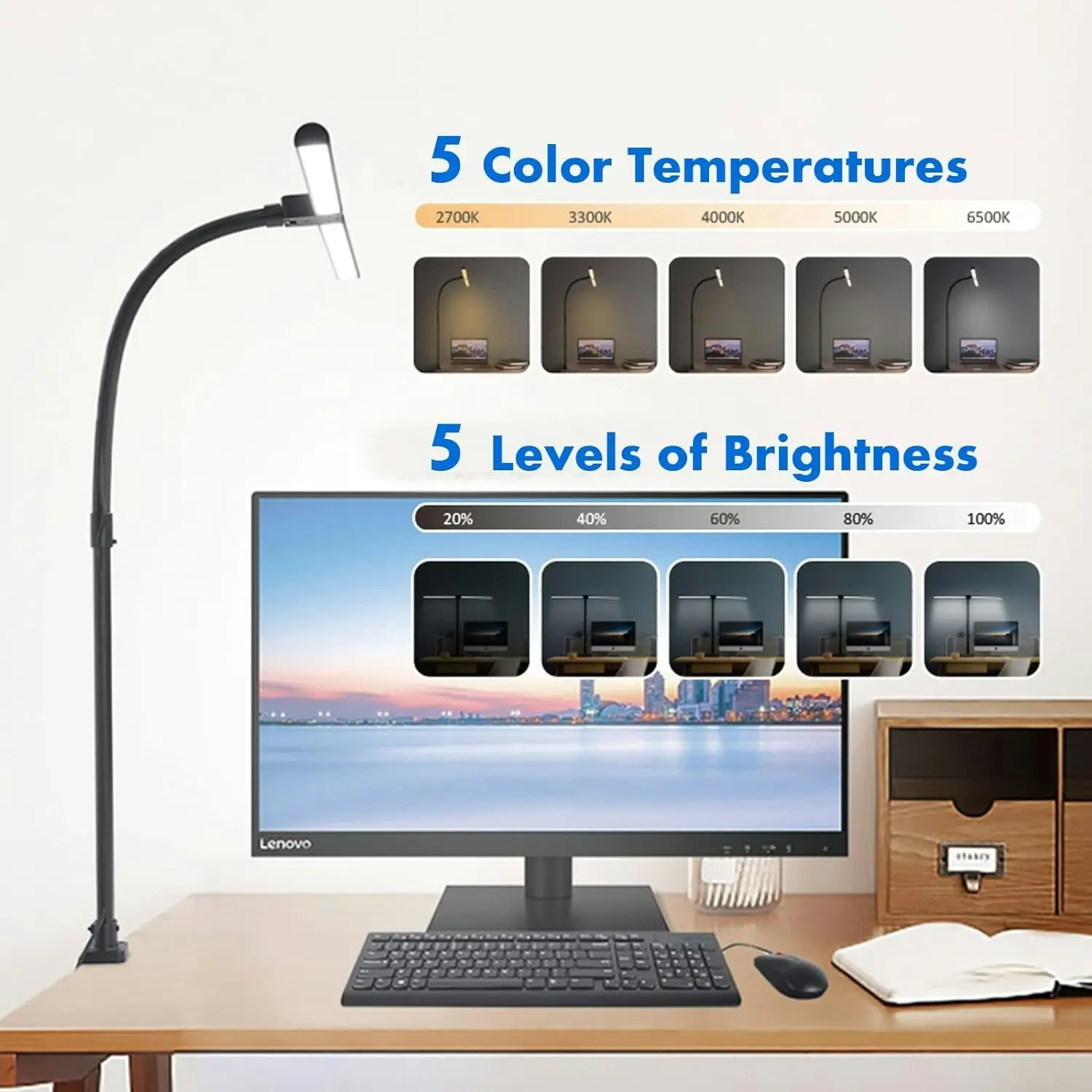 LED Desk Lamp Double Head 24W 5 Color