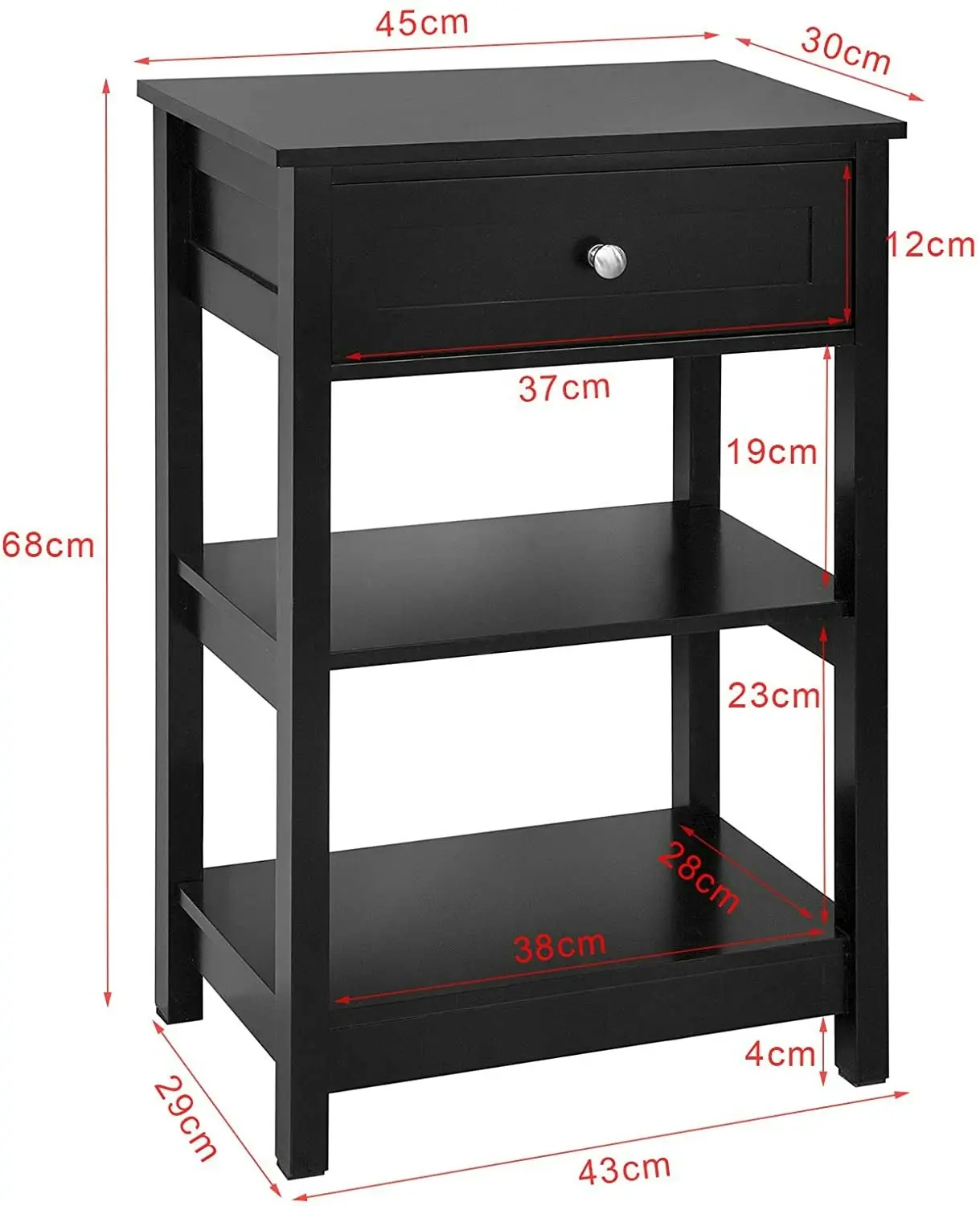 VIKUS Black Bedside Table with 1 Drawer and 2 Shelves